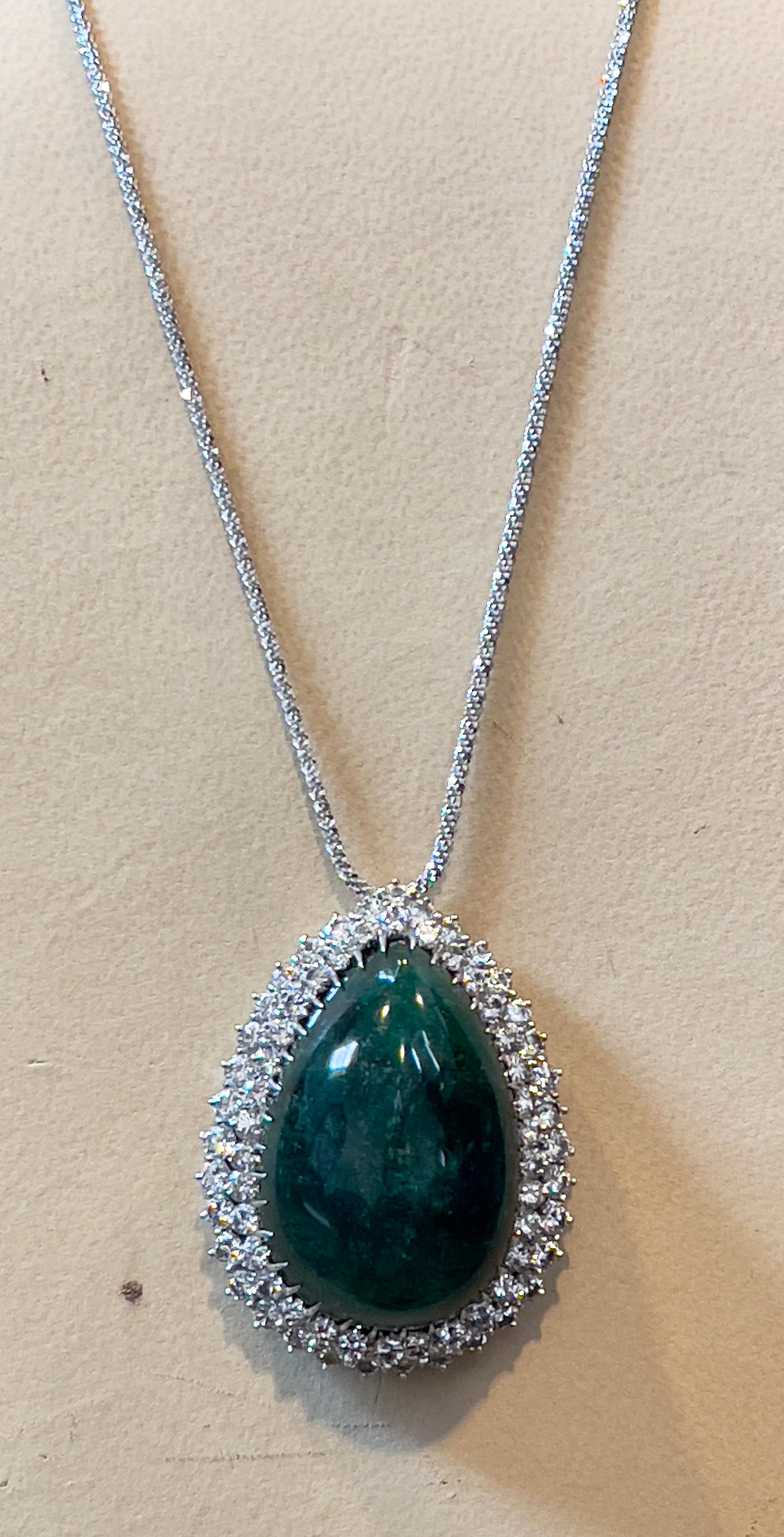 55 Carat Pear Shape Emerald  Cabochon & 5.5 Ct Diamond Ring /Pendant 14 Kt  Gold For Sale 4