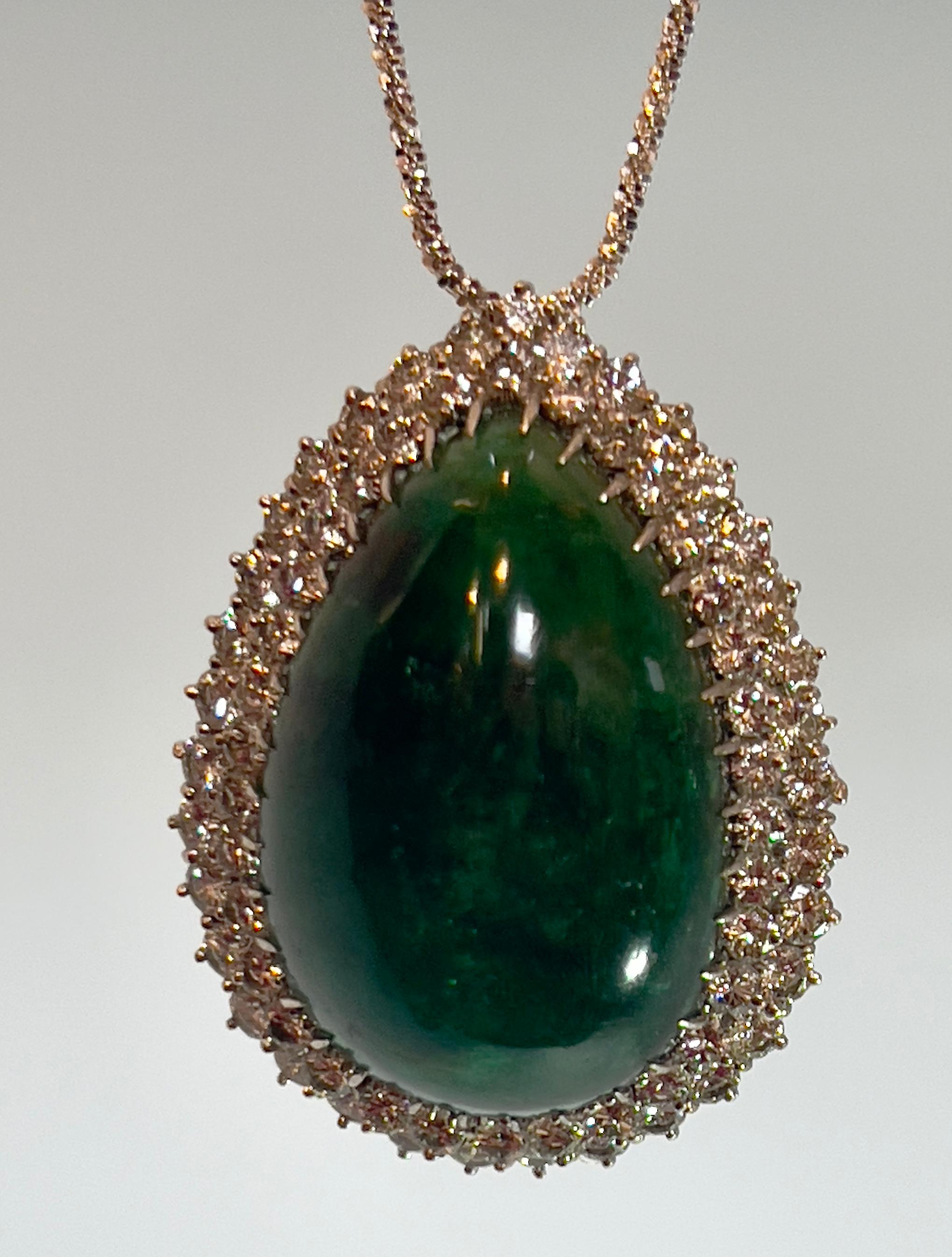 55 Carat Pear Shape Emerald  Cabochon & 5.5 Ct Diamond Ring /Pendant 14 Kt  Gold For Sale 5