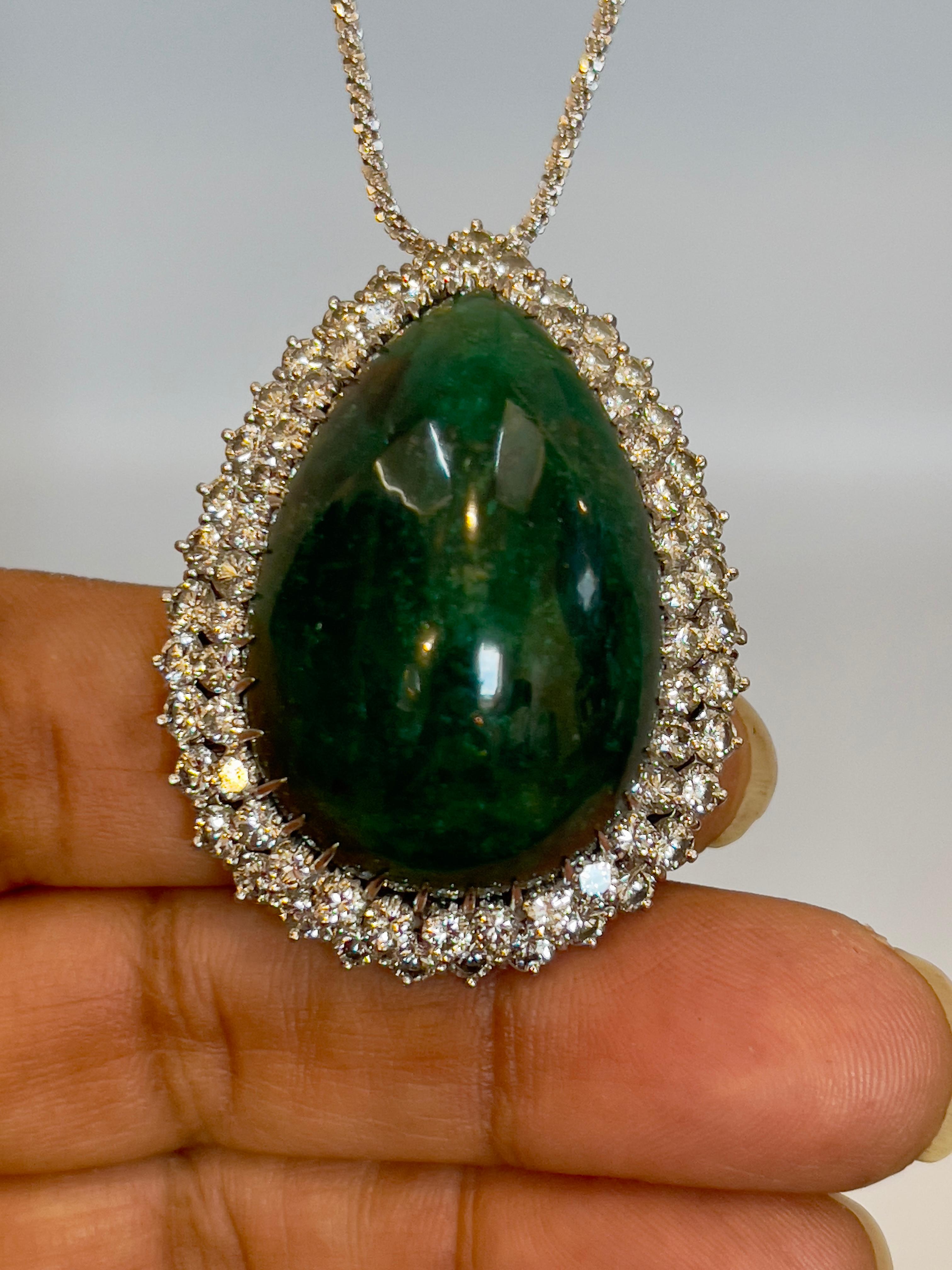 55 Carat Pear Shape Emerald  Cabochon & 5.5 Ct Diamond Ring /Pendant 14 Kt  Gold For Sale 6