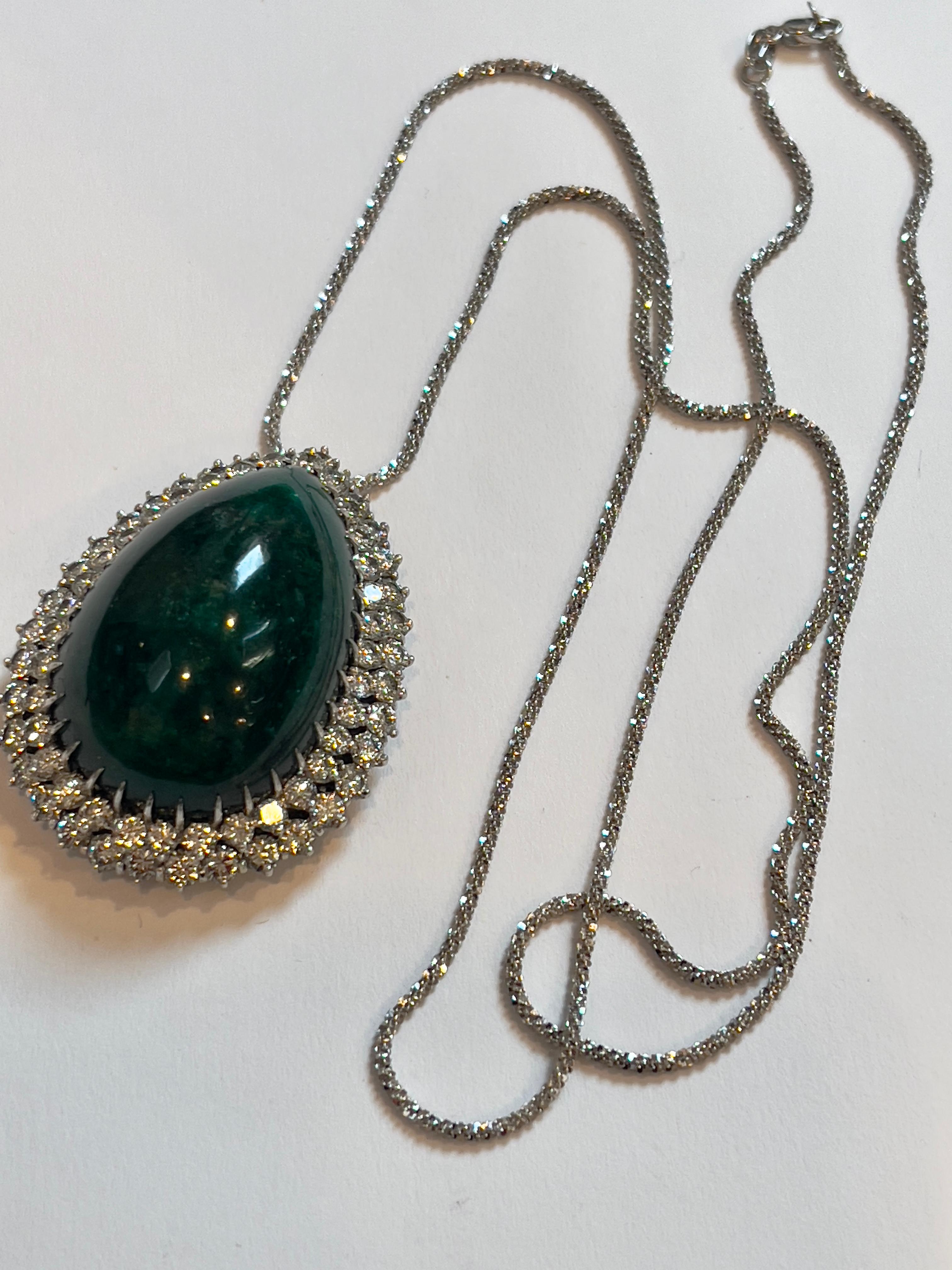 55 Carat Pear Shape Emerald  Cabochon & 5.5 Ct Diamond Ring /Pendant 14 Kt  Gold For Sale 7