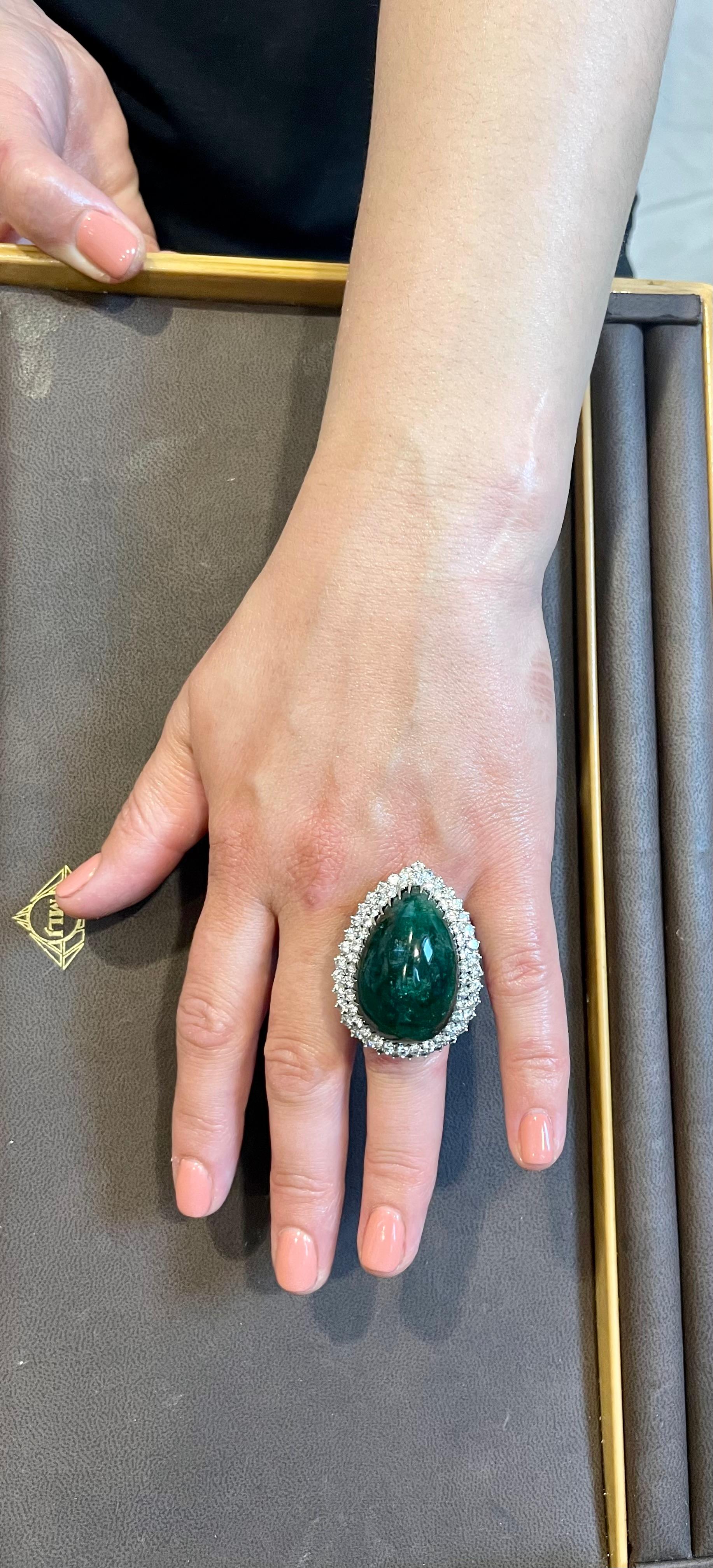 55 Carat Pear Shape Emerald  Cabochon & 5.5 Ct Diamond Ring /Pendant 14 Kt  Gold For Sale 8