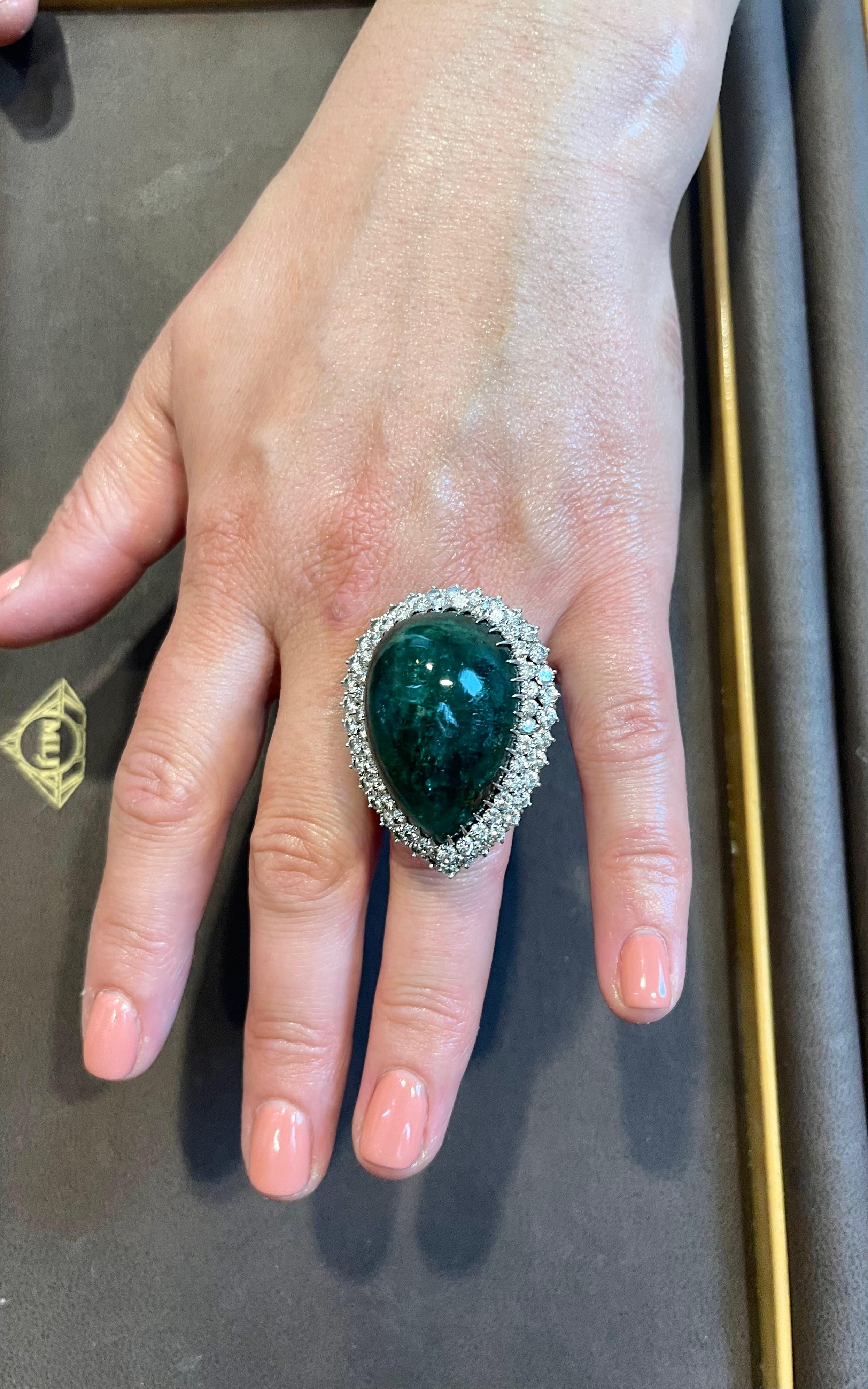 55 Carat Pear Shape Emerald  Cabochon & 5.5 Ct Diamond Ring /Pendant 14 Kt  Gold For Sale 9