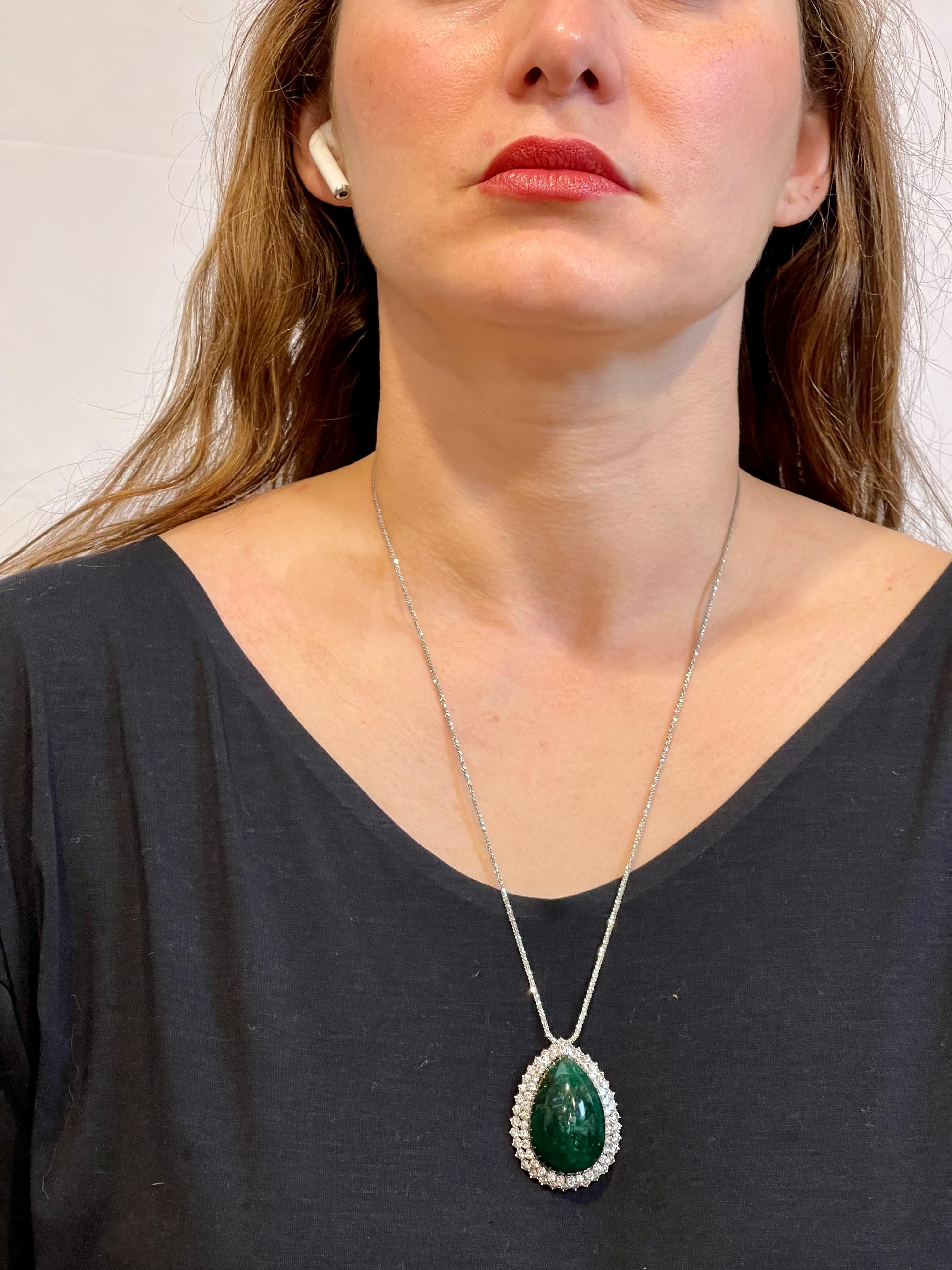 55 Carat Pear Shape Emerald  Cabochon & 5.5 Ct Diamond Ring /Pendant 14 Kt  Gold For Sale 9