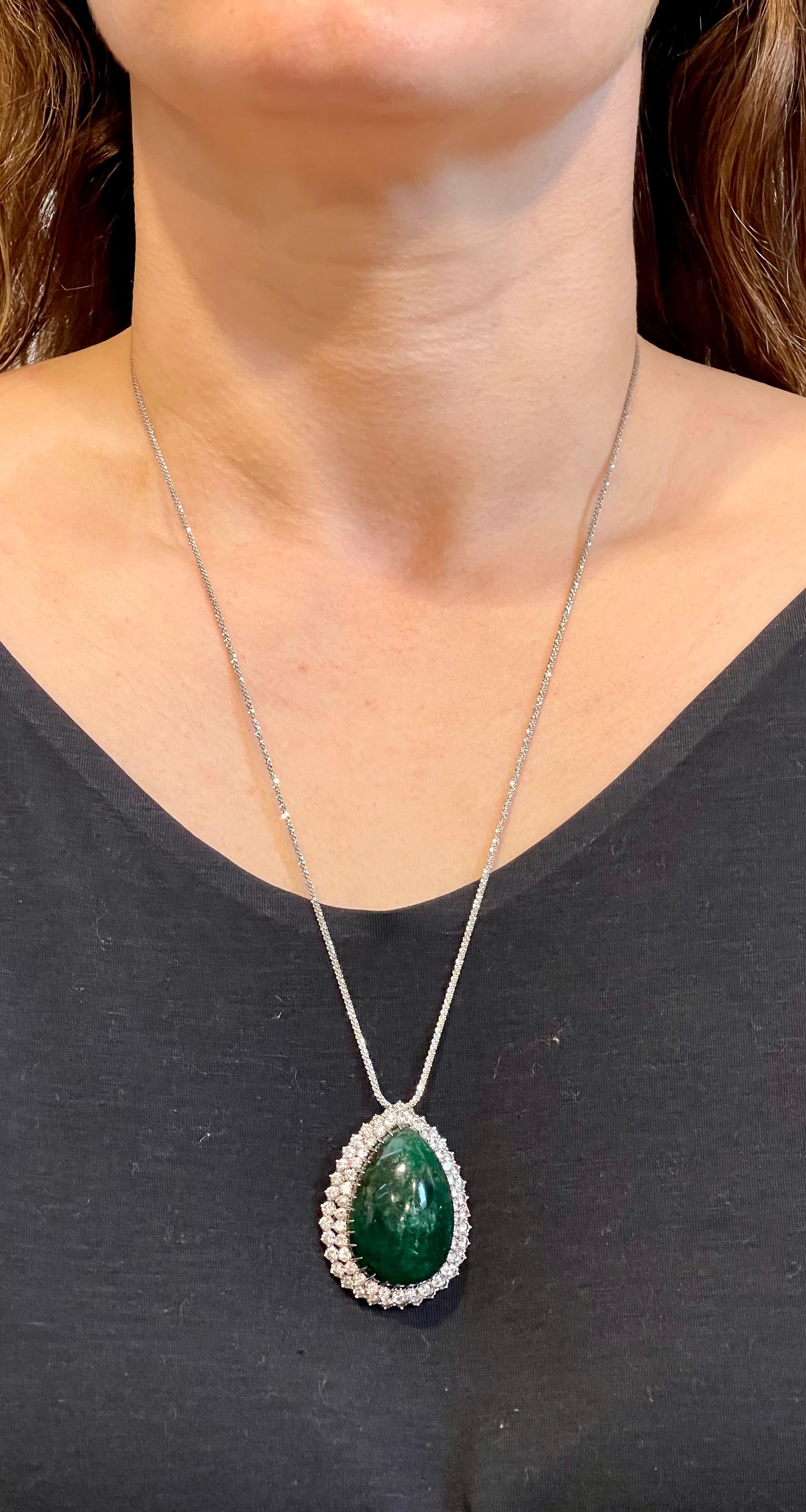 55 Carat Pear Shape Emerald  Cabochon & 5.5 Ct Diamond Ring /Pendant 14 Kt  Gold For Sale 12