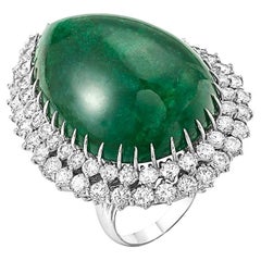 55 Carat Pear Shape Emerald  Cabochon & 5.5 Ct Diamond Ring /Pendant 14 Kt  Gold