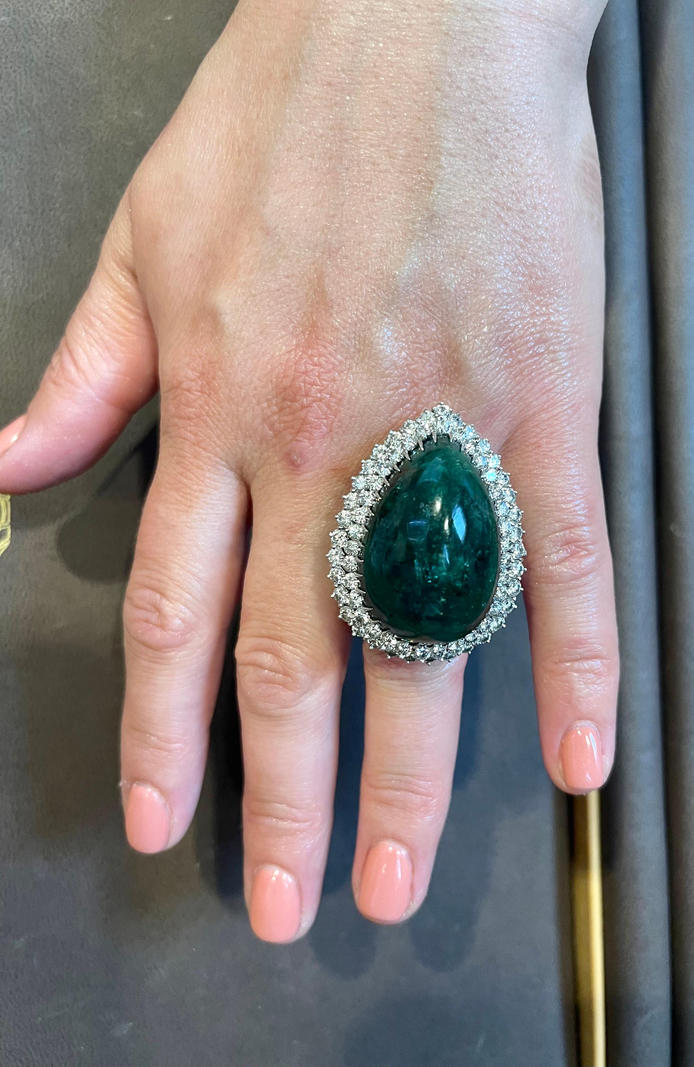 Emerald Cut 55 Carat Pear Shape Emerald  Cabochon & 5.5 Ct Diamond Ring /Pendant 14 Kt  Gold For Sale