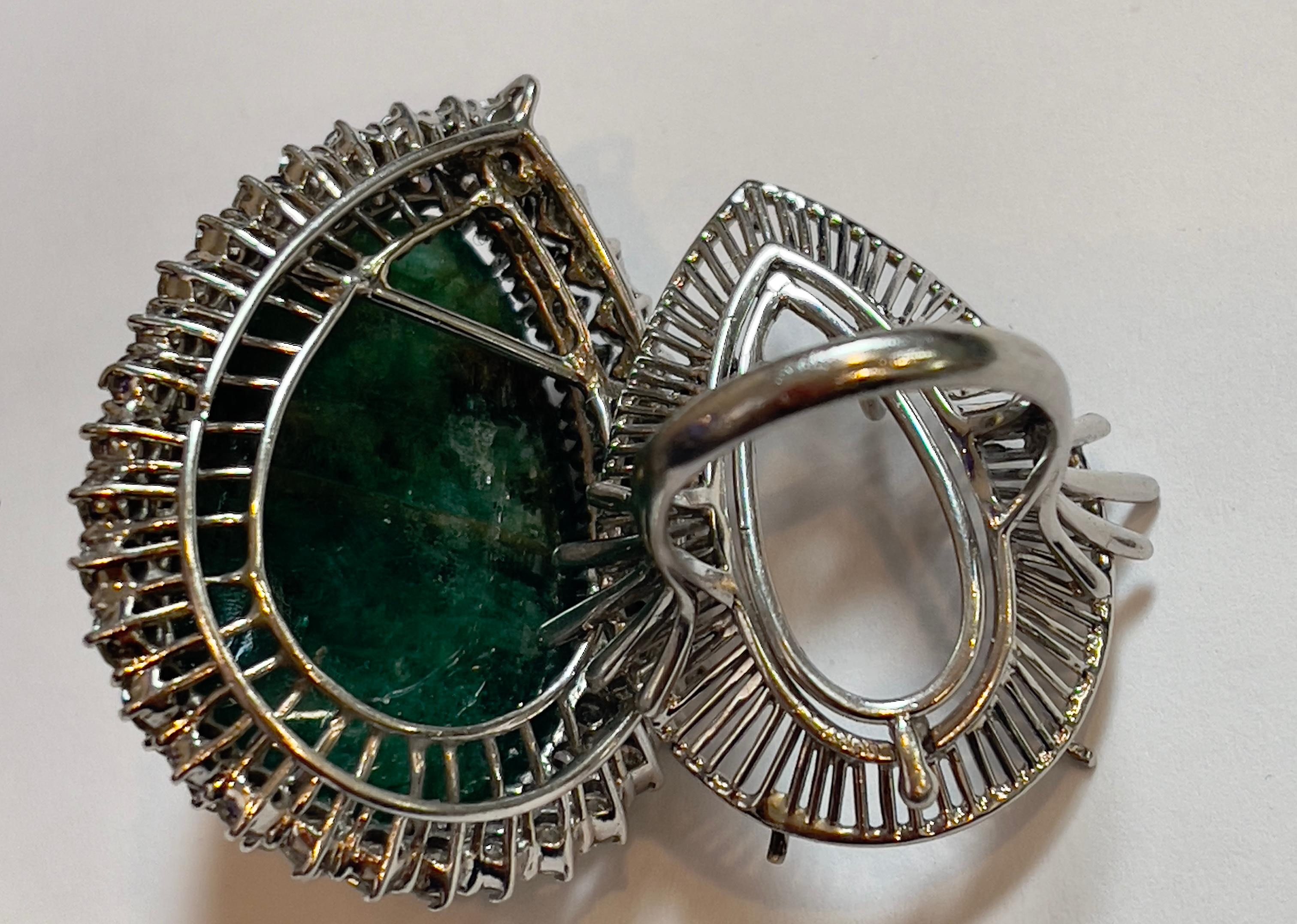 55 Carat Pear Shape Emerald  Cabochon & 5.5 Ct Diamond Ring /Pendant 14 Kt  Gold For Sale 2