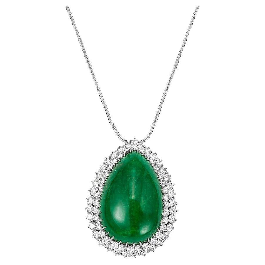 55 Carat Pear Shape Emerald  Cabochon & 5.5 Ct Diamond Ring /Pendant 14 Kt  Gold For Sale