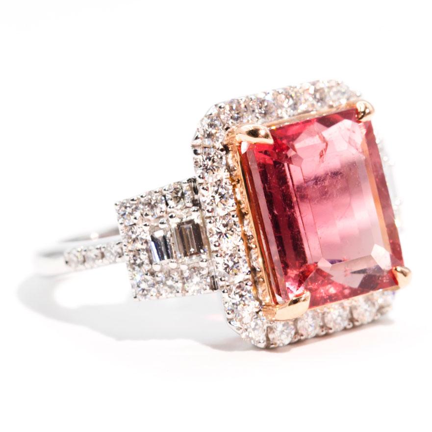 Women's 5.5 Carat Pink Emerald Cut Tourmaline and Diamond 18 Carat Gold Cocktail Ring