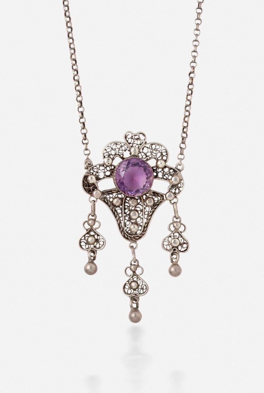 Arts and Crafts 5.5 Carat Rose De France Amethyst Pendant Necklace Arts & Crafts Antique Silver For Sale