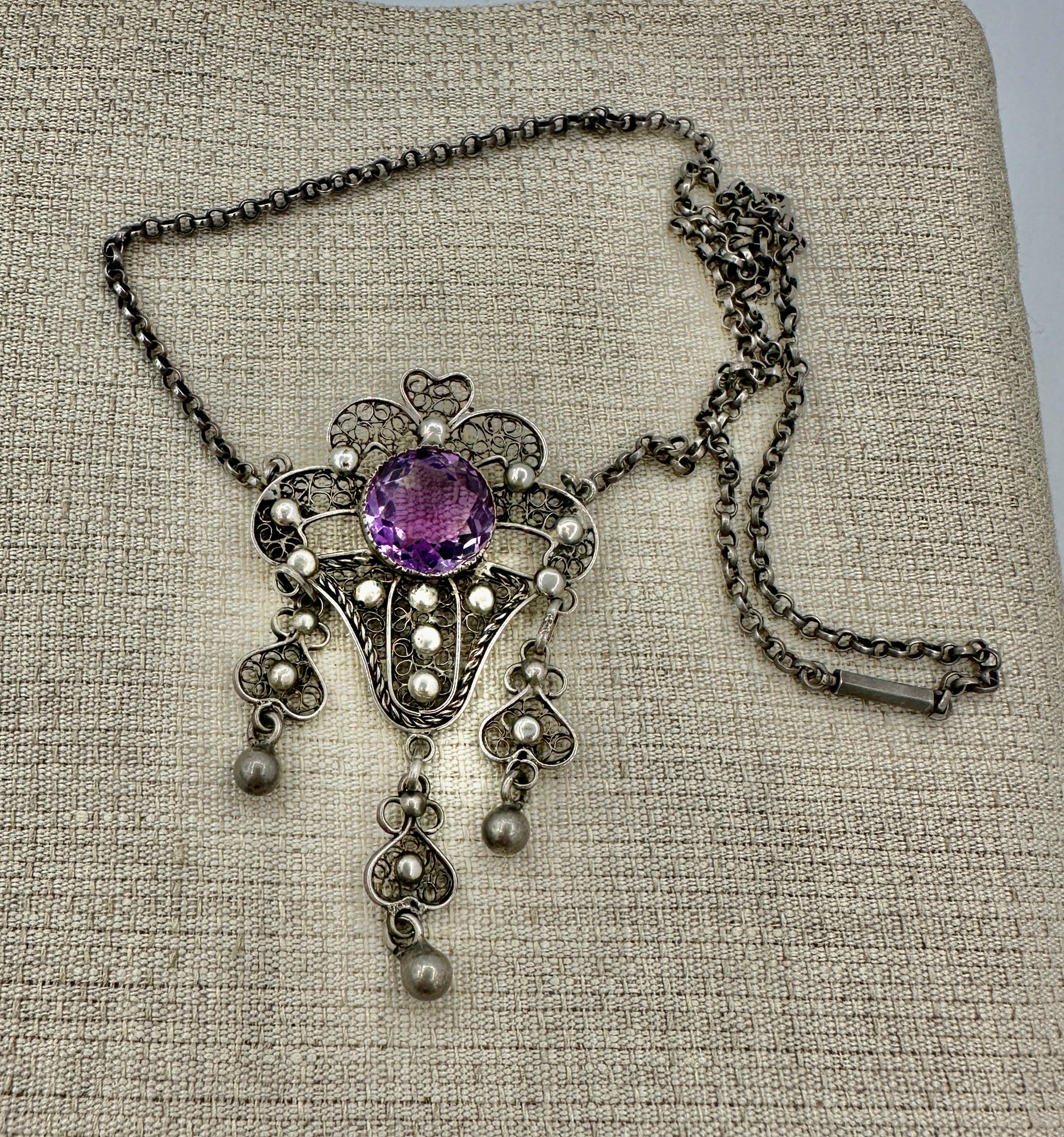Round Cut 5.5 Carat Rose De France Amethyst Pendant Necklace Arts & Crafts Antique Silver For Sale