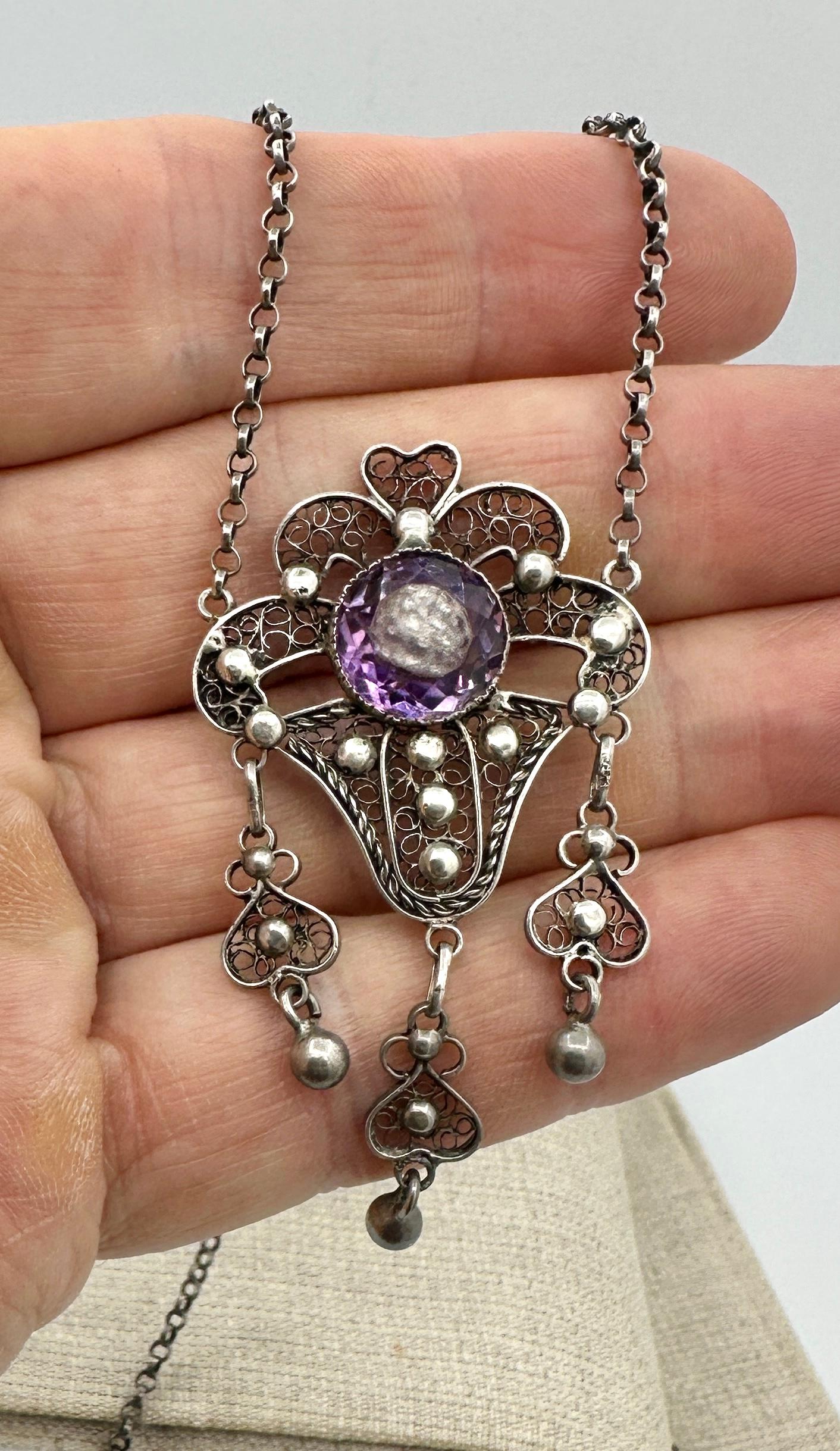 5.5 Carat Rose De France Amethyst Pendant Necklace Arts & Crafts Antique Silver In Excellent Condition For Sale In New York, NY