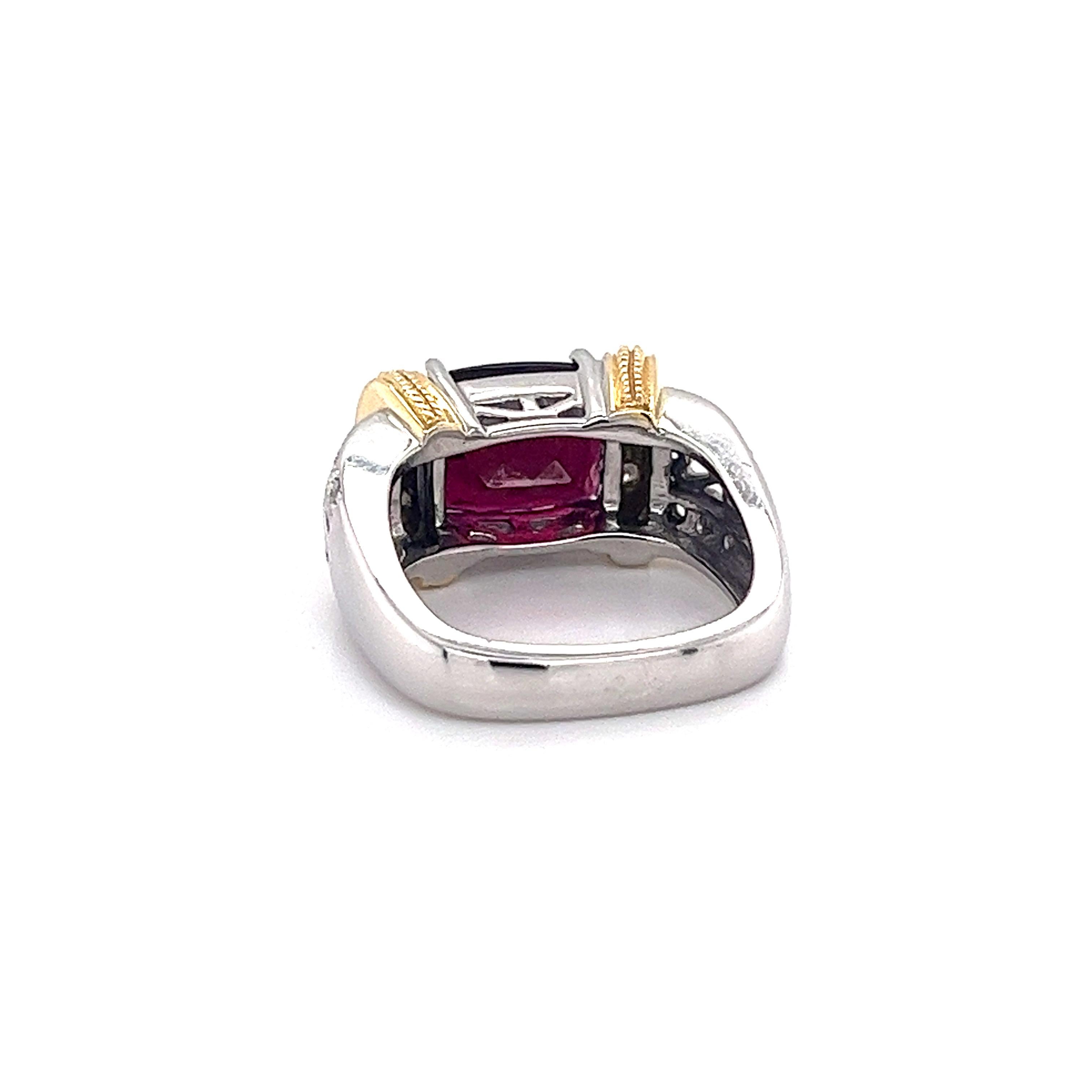 Radiant Cut 5.5 Carat Rubellite Tourmaline with Heart Motif Filigree Set Ring For Sale