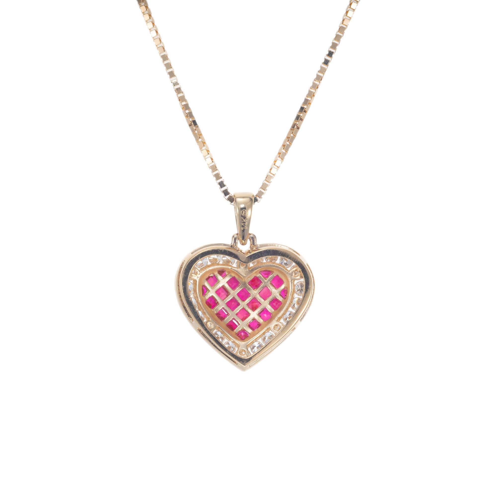 Square Cut .55 Carat Ruby Diamond Yellow Gold Heart Shape Pendant Necklace