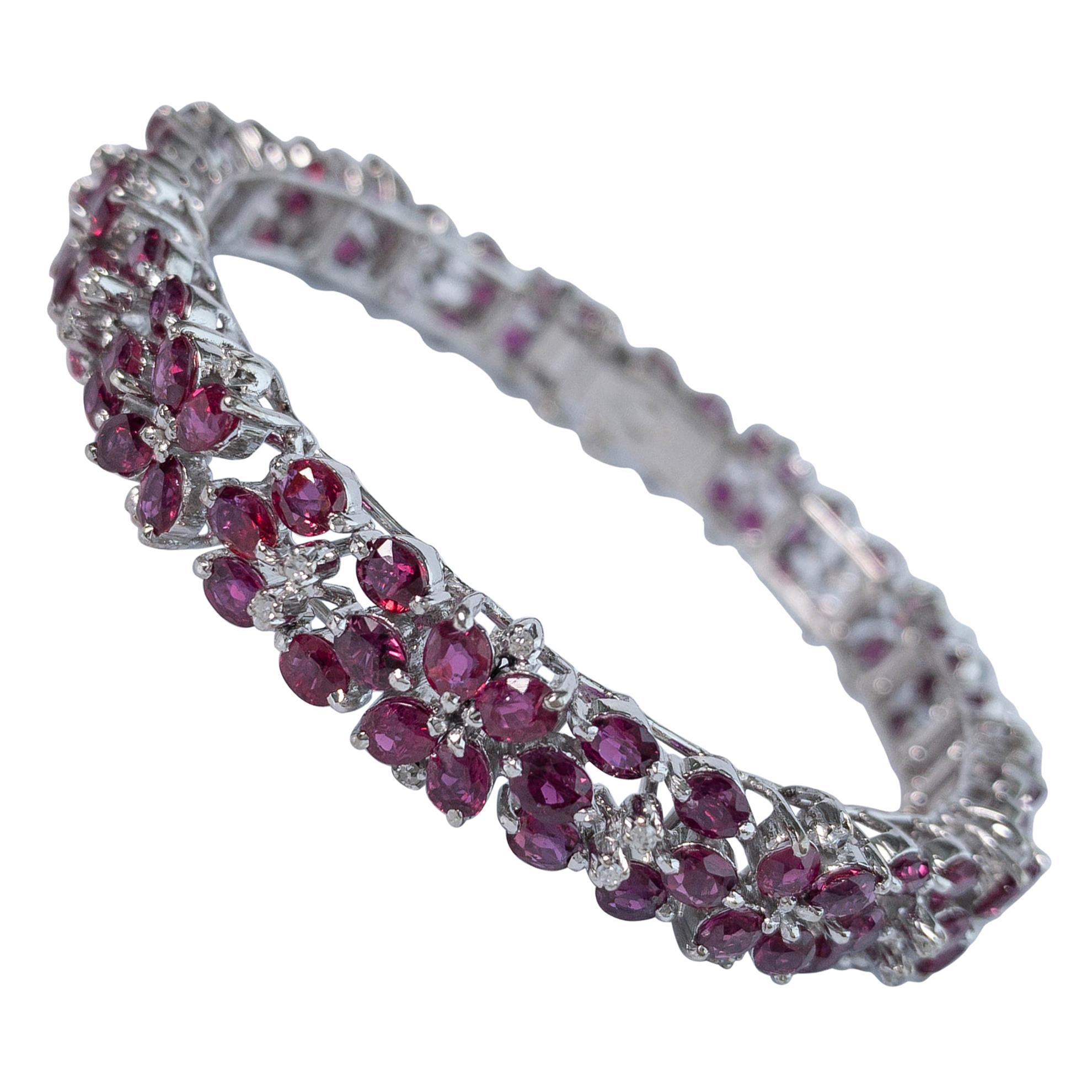 55 Carat Ruby Flower Motif Tennis Bracelet in 14 White Gold