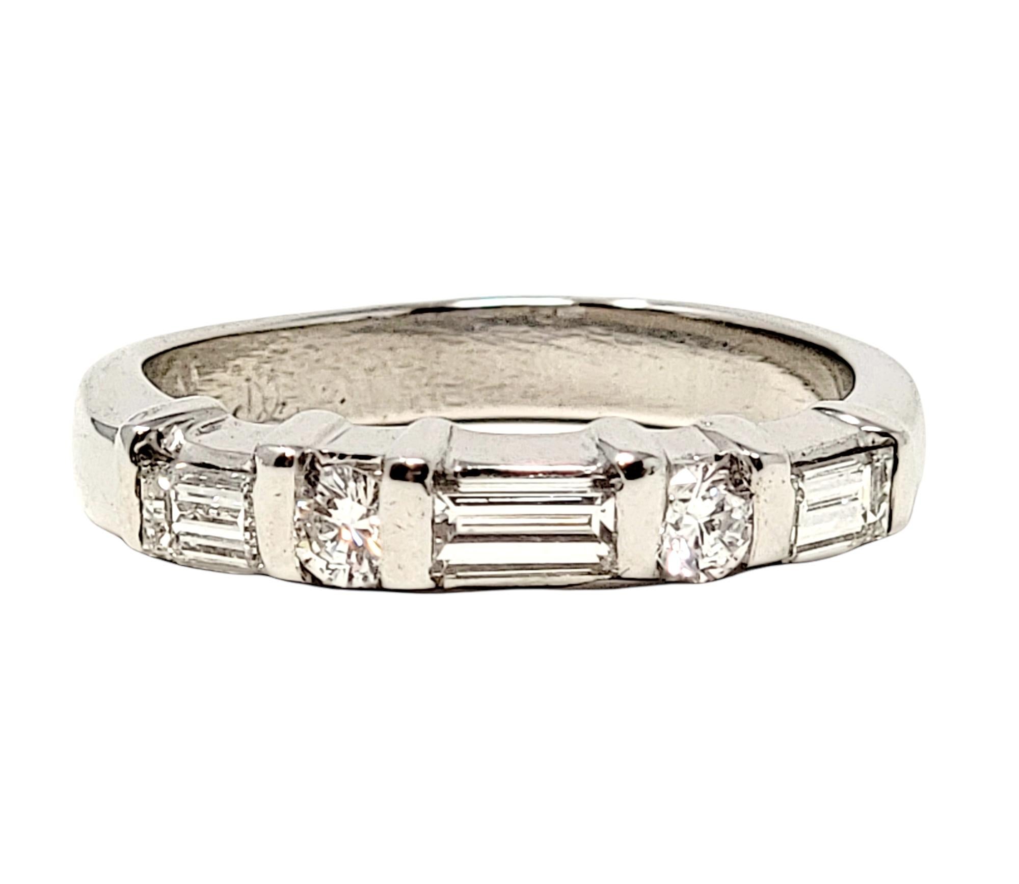 Contemporary .55 Carat Total Alternating Round and Baguette Diamond Band Ring in Platinum