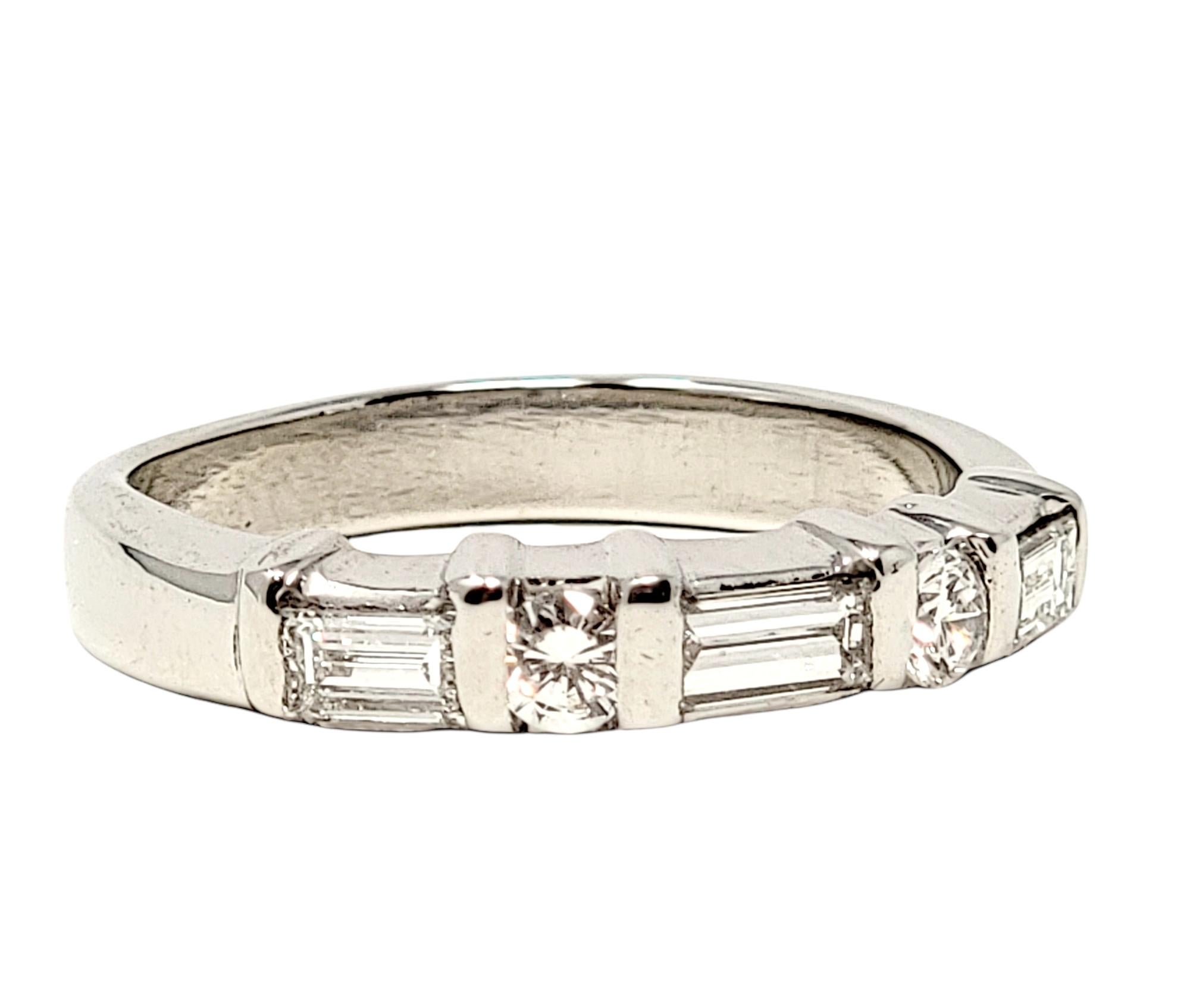 Round Cut .55 Carat Total Alternating Round and Baguette Diamond Band Ring in Platinum