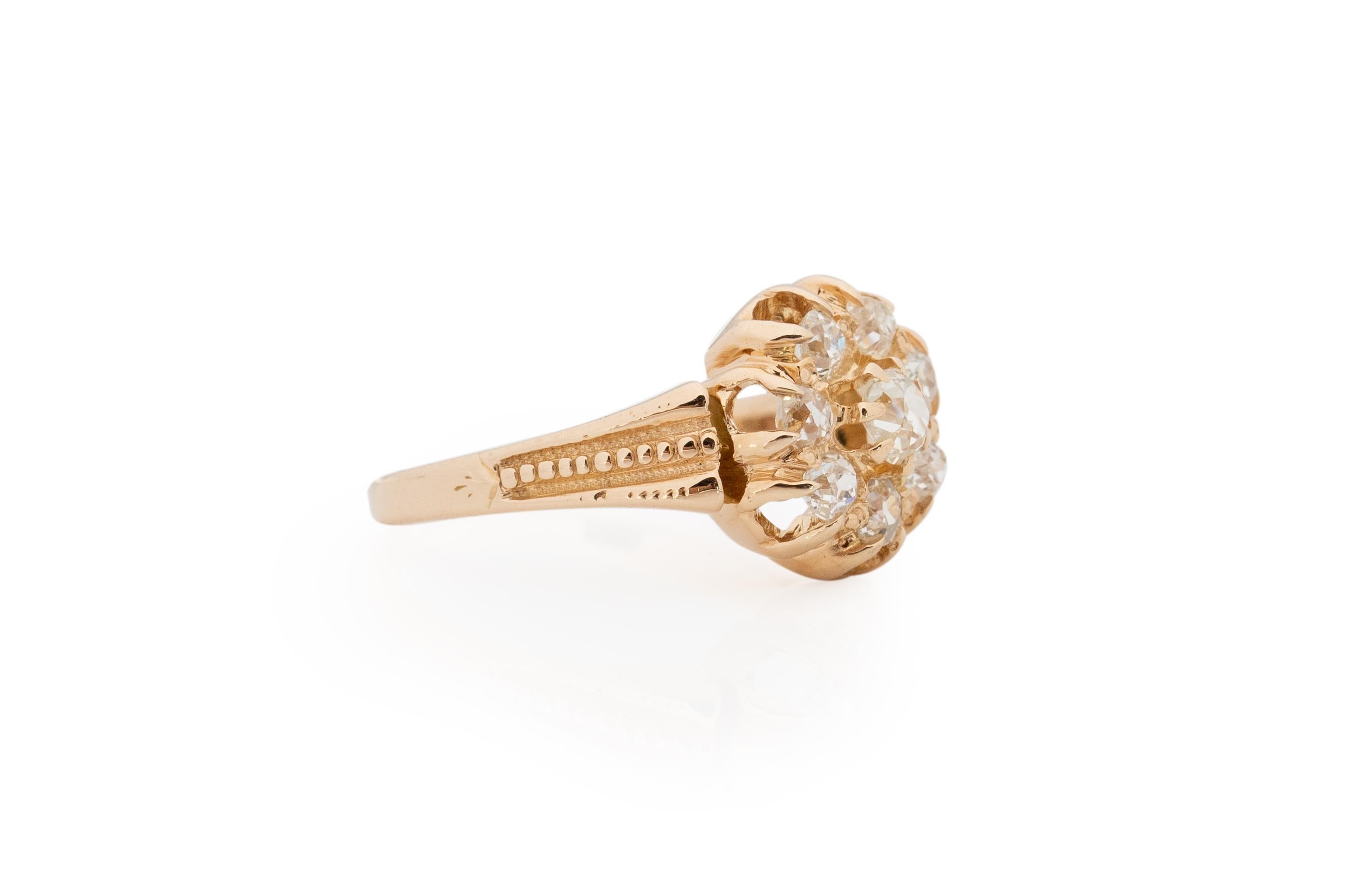 Ring Size: 5.5
Metal Type: 14 Karat Yellow Gold [Hallmarked, and Tested]
Weight: 4.0 grams

Diamond Details:
Weight: .55 carat, total weight
Cut: Old Mine Brilliant
Color: G-H
Clarity: VS

Finger to Top of Stone Measurement: 5mm
Condition: Excellent