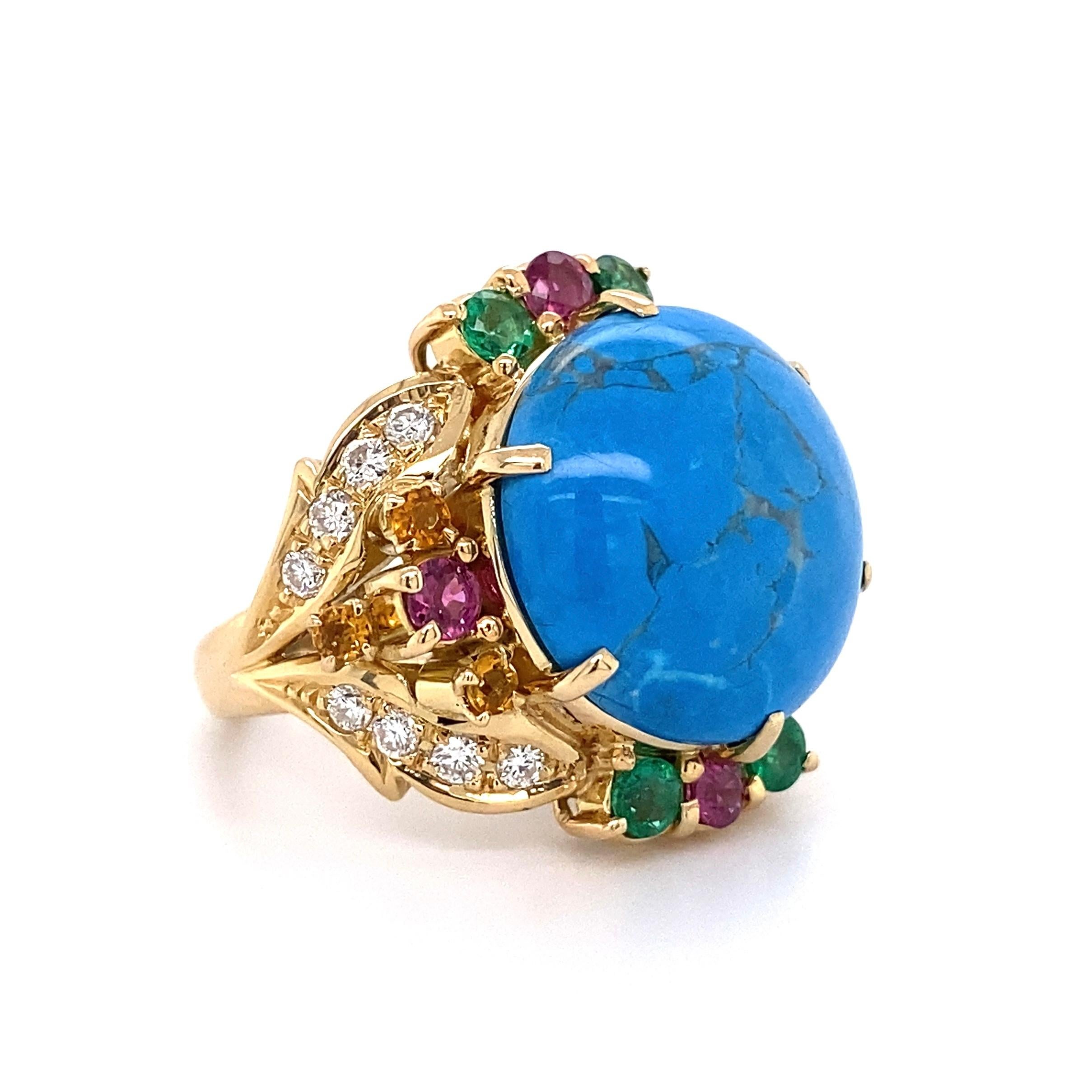Fabulous and Stylish Turquoise Diamond Emerald Ruby and Diamond Gold Cocktail Ring. Center securely set with a Beautiful 5.50 Carat Cabochon Turquoise. Beautifully detailed surround Hand set with 16 round Brilliant-cut Diamonds approx. 41ctw, four
