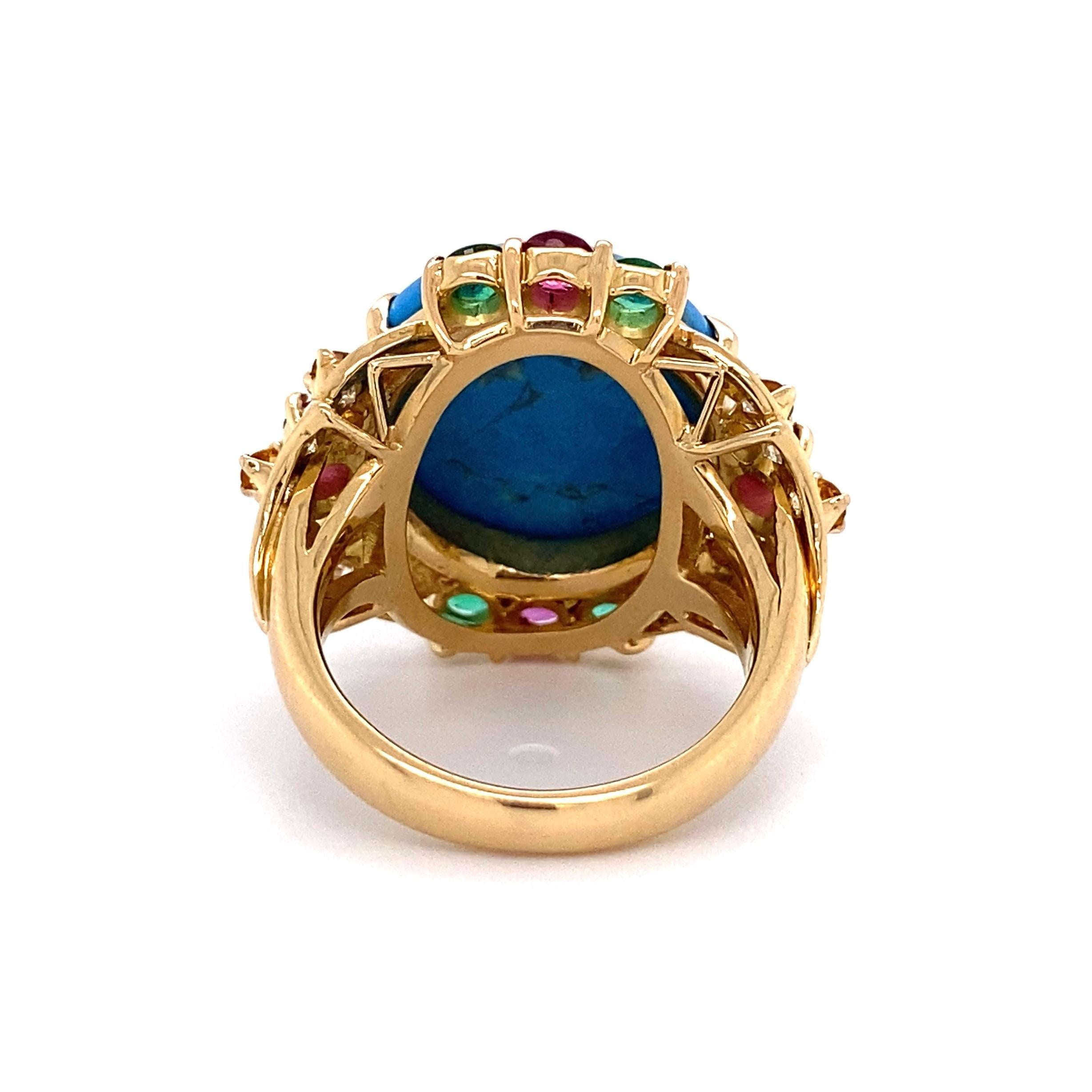 Modern 5.5 Carat Turquoise Diamond Emerald Ruby Gold Cocktail Ring Estate Fine Jewelry For Sale