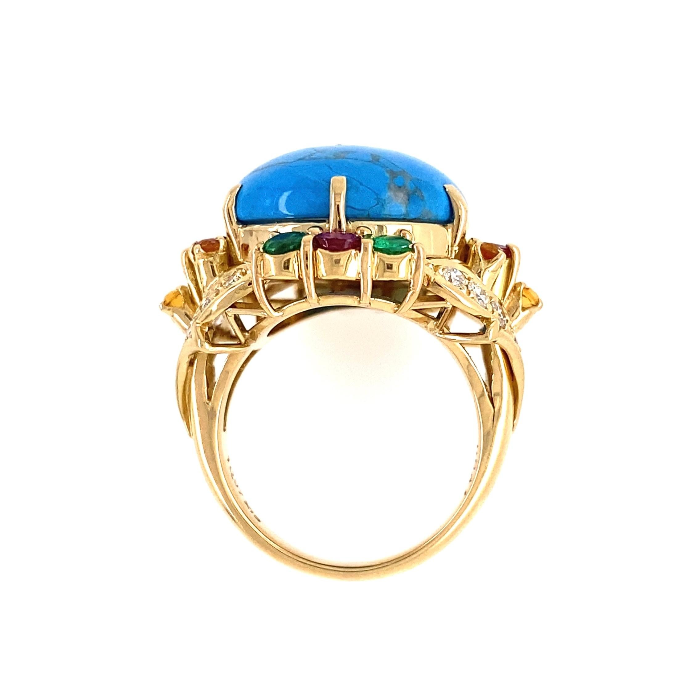 Mixed Cut 5.5 Carat Turquoise Diamond Emerald Ruby Gold Cocktail Ring Estate Fine Jewelry For Sale