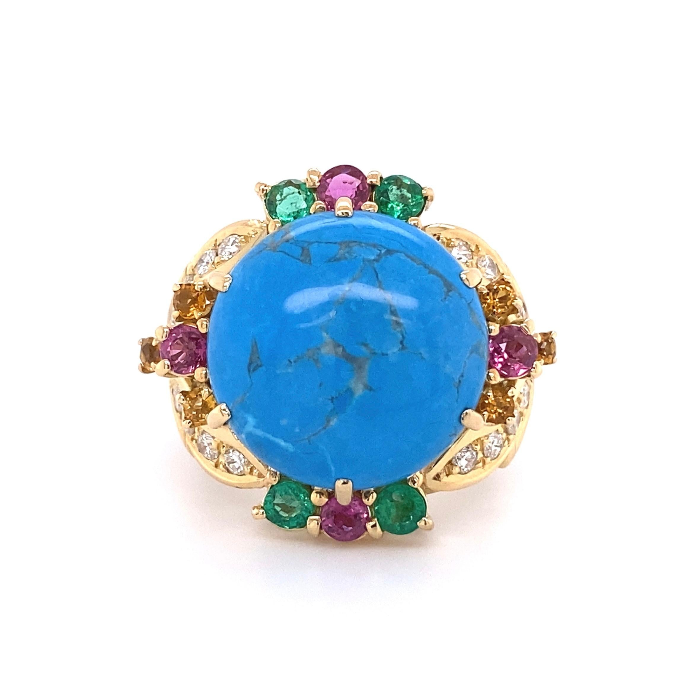 5.5 Carat Turquoise Diamond Emerald Ruby Gold Cocktail Ring Estate Fine Jewelry In Excellent Condition For Sale In Montreal, QC