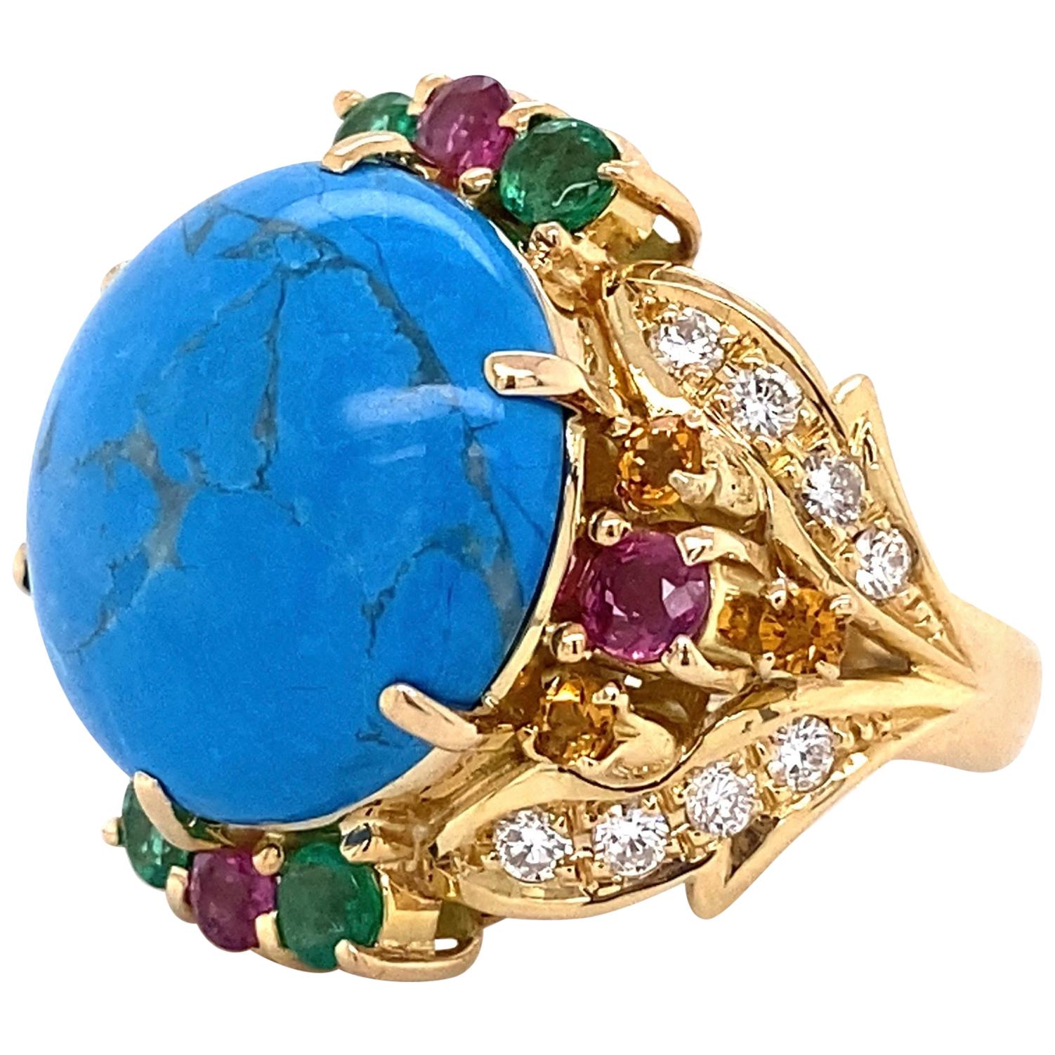 5,5 Carati Turchese Diamante Smeraldo Rubino Oro Anello Cocktail Estate Jewelry