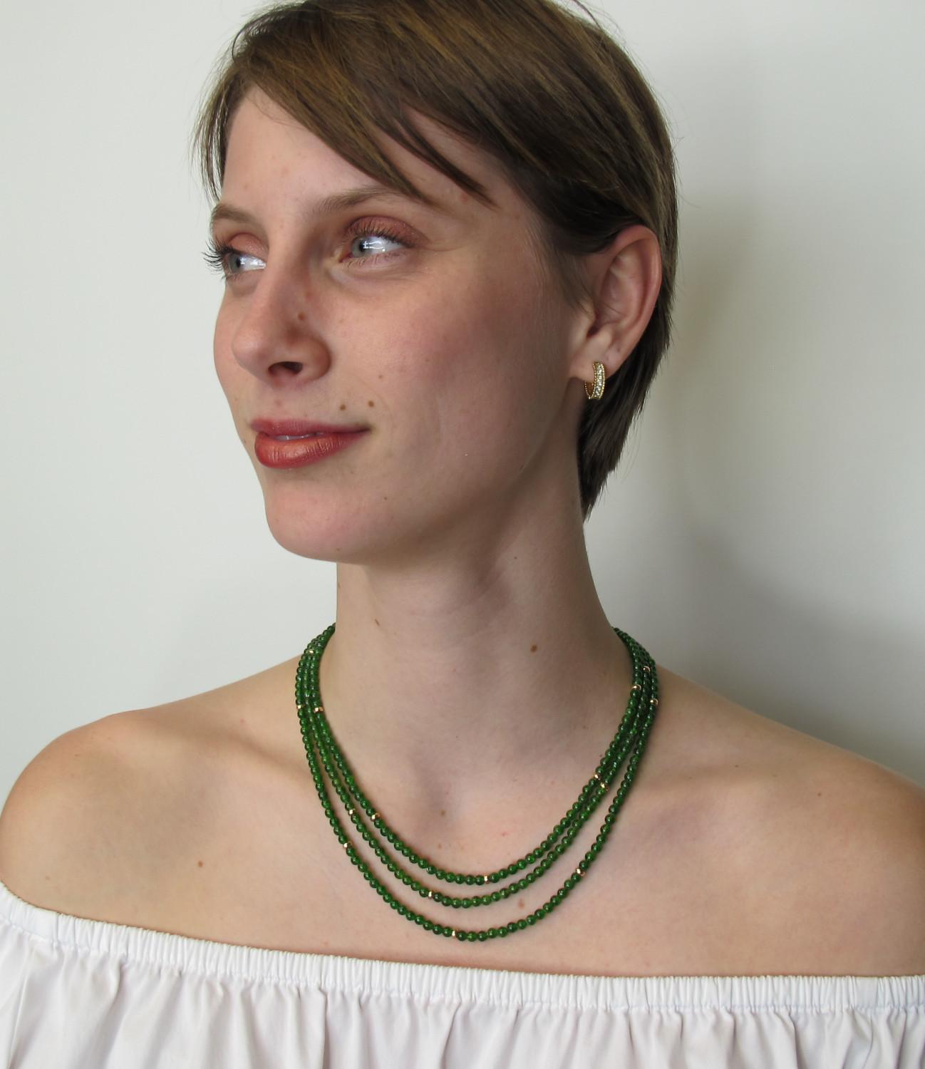 This elegant chrome diopside beaded necklace is worthy of Lady Mary Crawley! Gem dealers have long sought luxurious green gems other than emeralds, hence their excitement over chrome diopside and its bright, rich green color. The beads in this