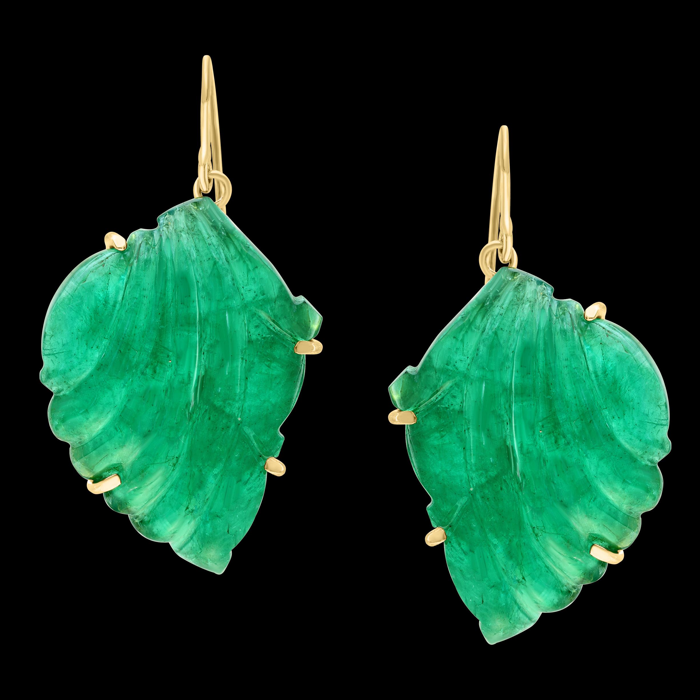 55 Ct Carved Emerald Leaf Shape Earrings 14 Kt Yellow Gold French Wire Earring For Sale 7