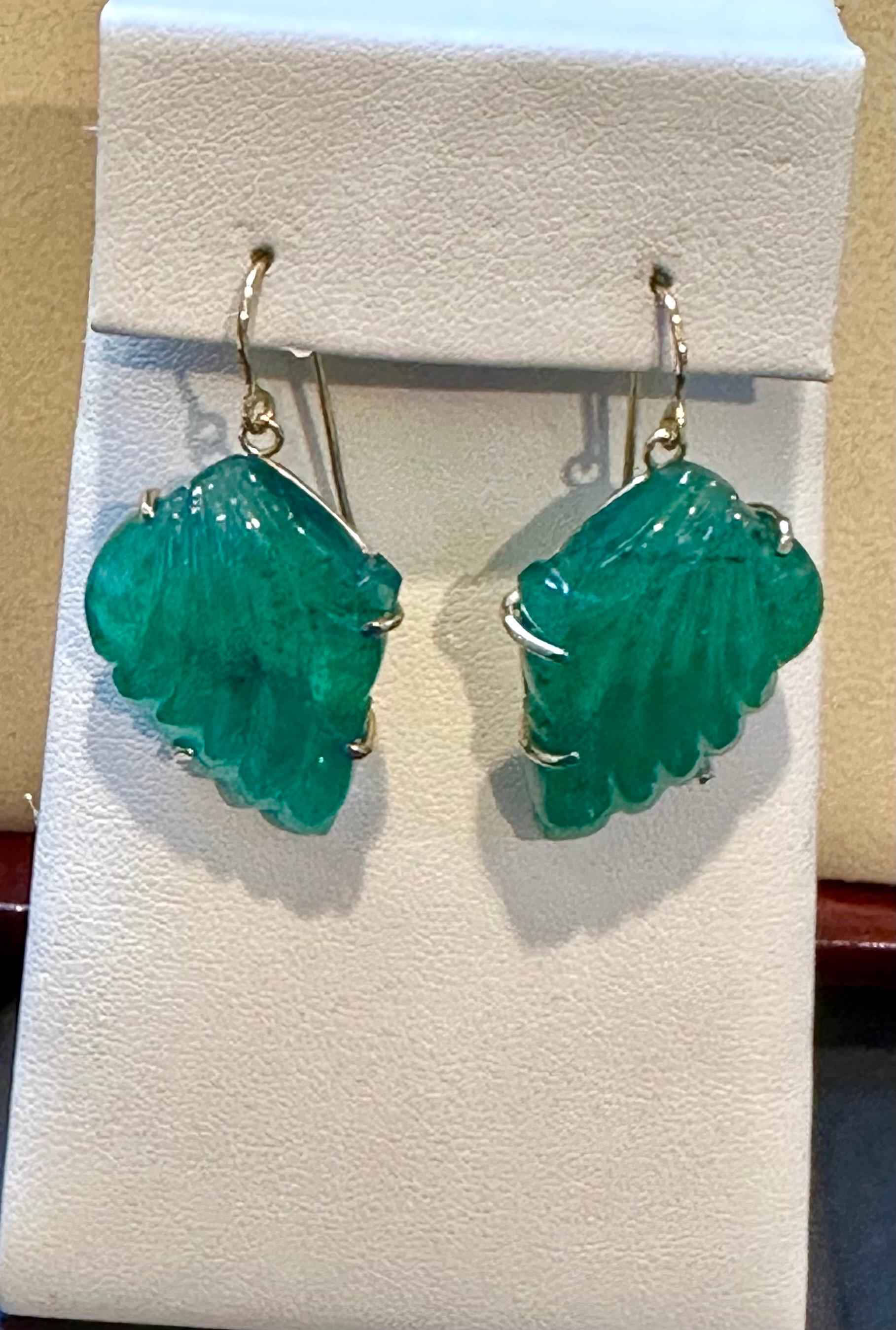 Women's 55 Ct Carved Emerald Leaf Shape Earrings 14 Kt Yellow Gold French Wire Earring For Sale