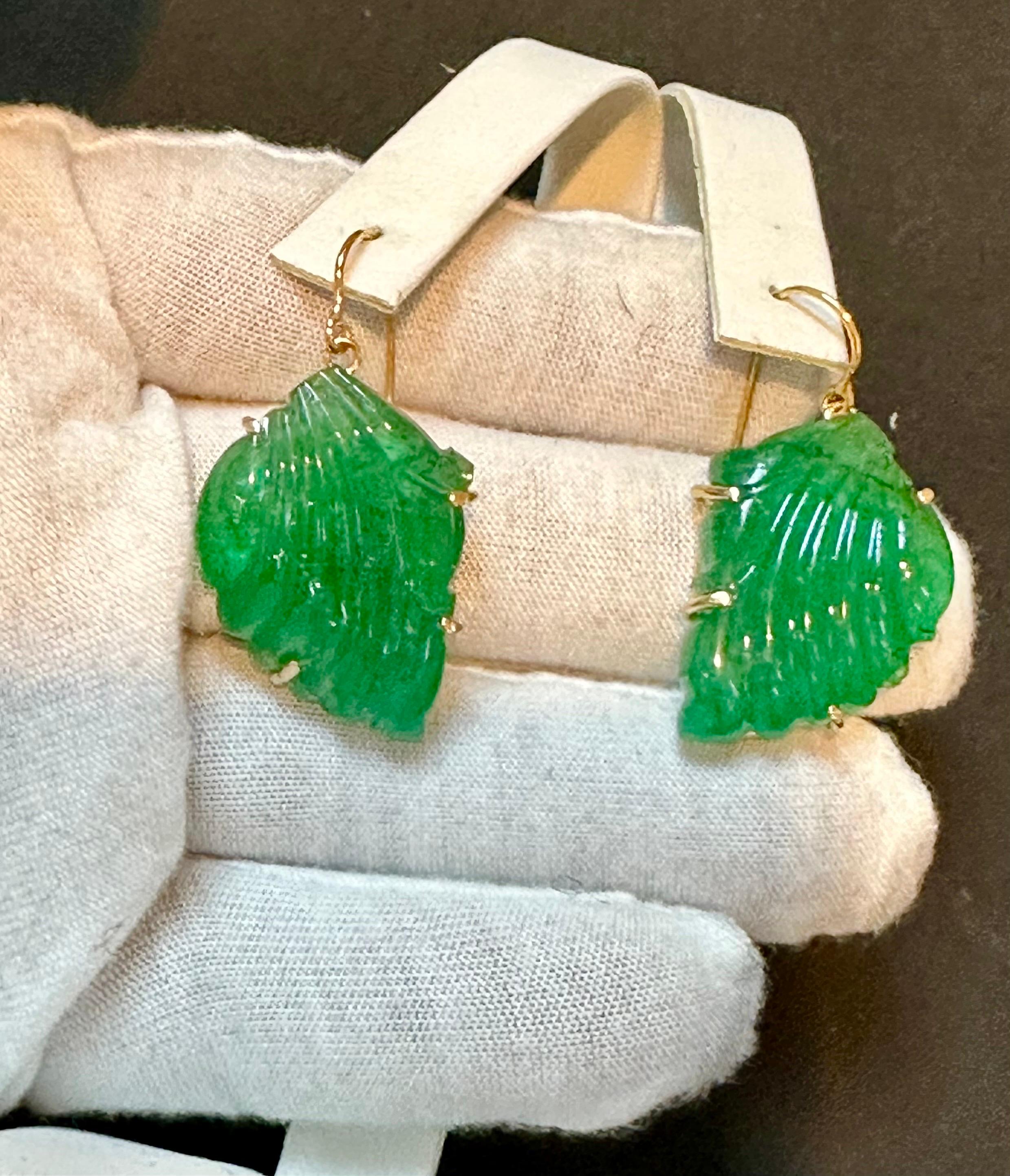 55 Ct Carved Emerald Leaf Shape Earrings 14 Kt Yellow Gold French Wire Earring For Sale 2