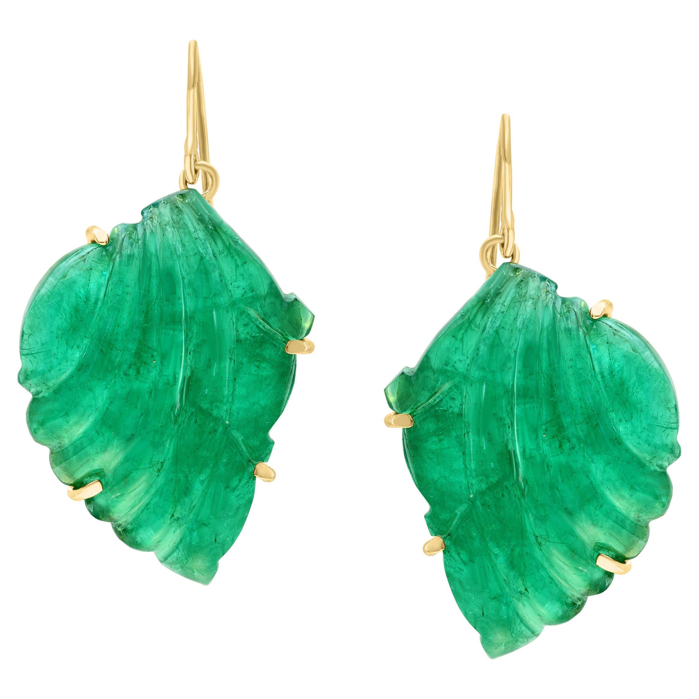 55 Ct Carved Emerald Leaf Shape Earrings 14 Kt Yellow Gold French Wire Earring For Sale