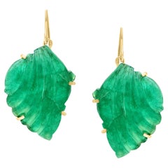 55 Ct Carved Emerald Leaf Shape Earrings 14 Kt Yellow Gold French Wire Earring