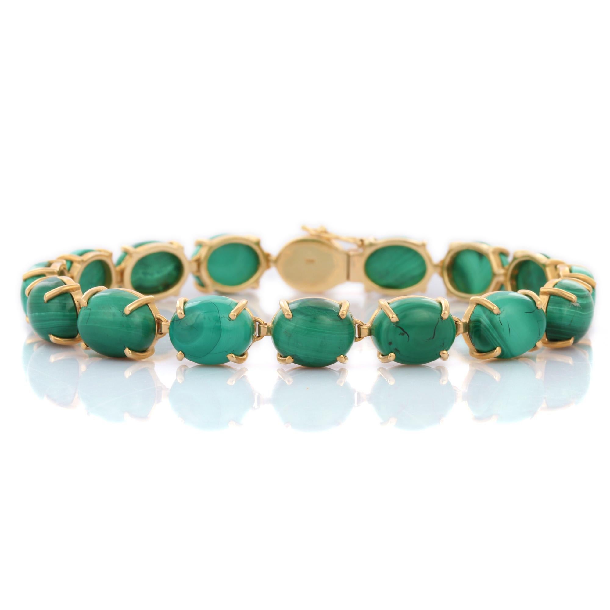 55 Ct Malachite Tennis Bracelet in 14K Yellow Gold In New Condition For Sale In Houston, TX