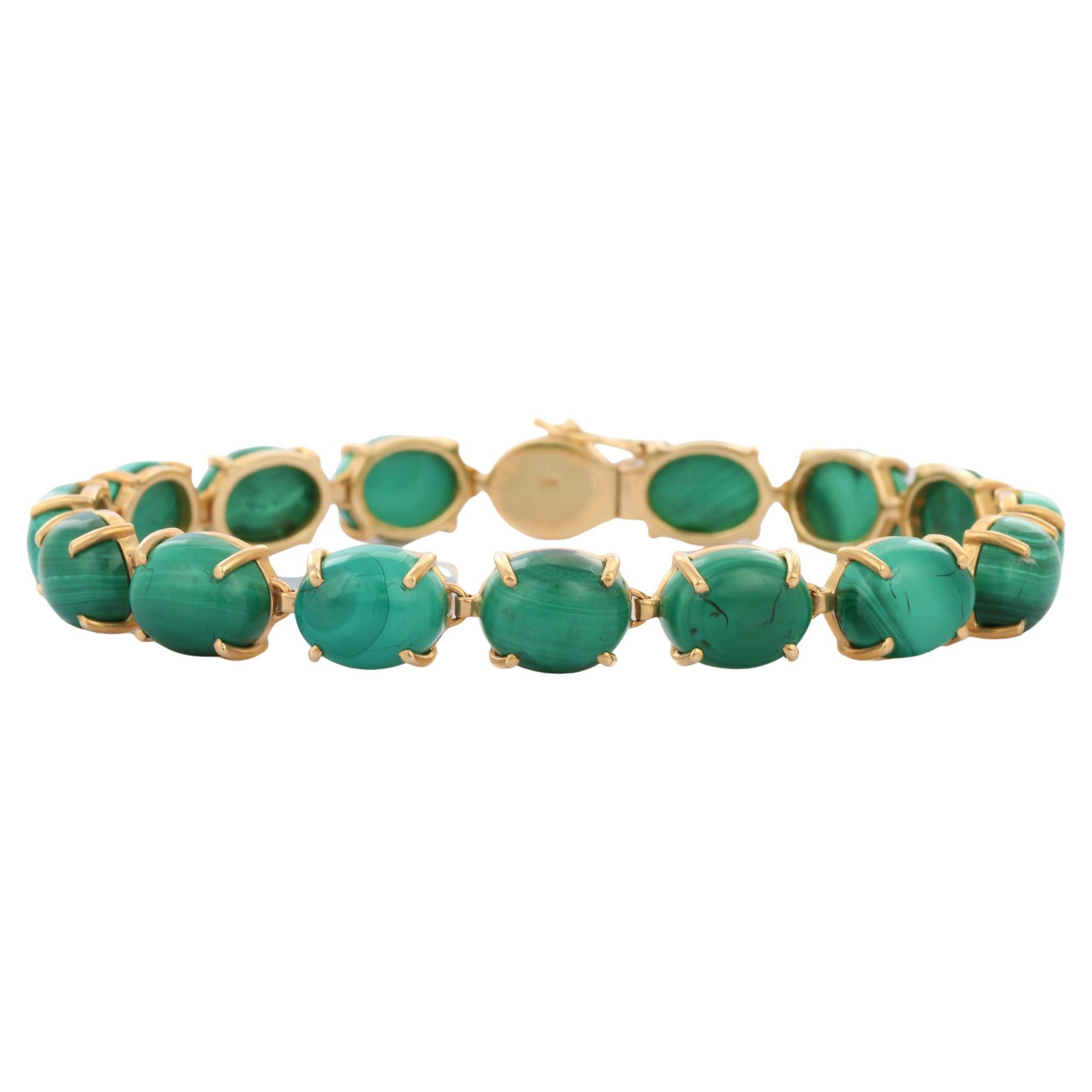 55 Ct Malachite Tennis Bracelet in 14K Yellow Gold For Sale