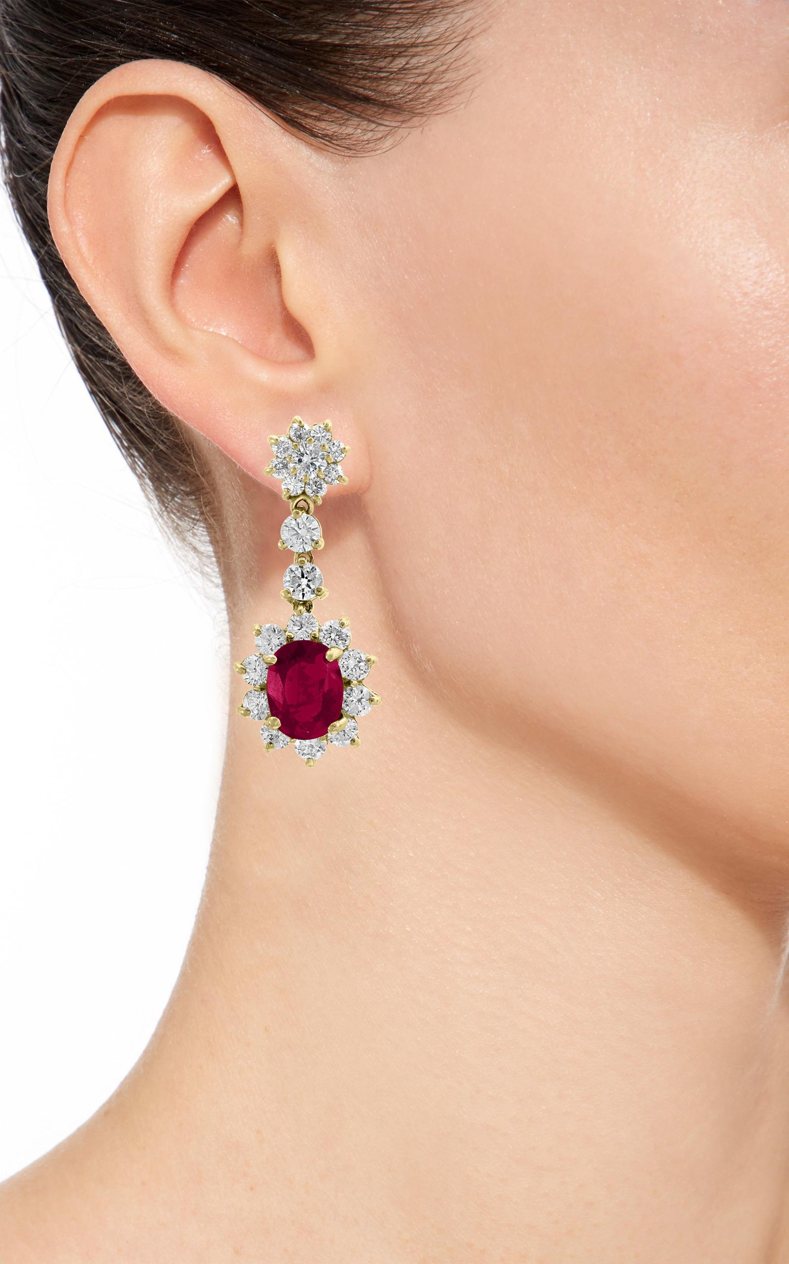 Women's 5.5 Carat Ruby and 5 Carat Diamond Hanging or Chandelier Earrings 18 Karat Gold