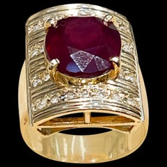 5.5 Ct Treated Oval Ruby & Diamond 14 Karat Yellow Gold Cocktail Ring, Vintage