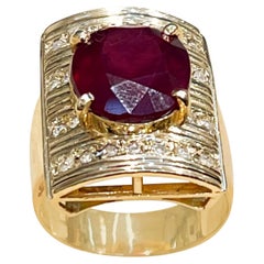 5.5 Ct Treated Oval Ruby & Diamond 14 Karat Yellow Gold Cocktail Ring, Vintage