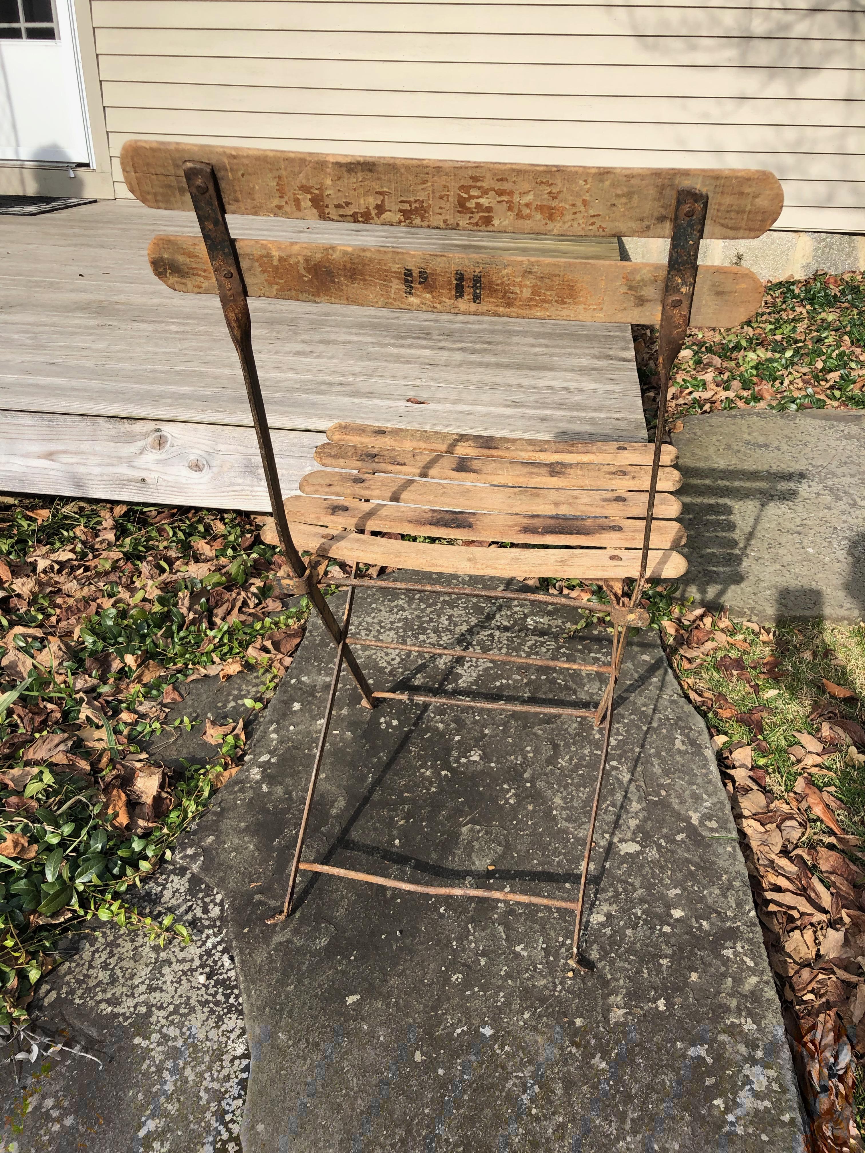 55 Folding French Bistro Chairs in Oak and Wrought Iron In Good Condition In Woodbury, CT