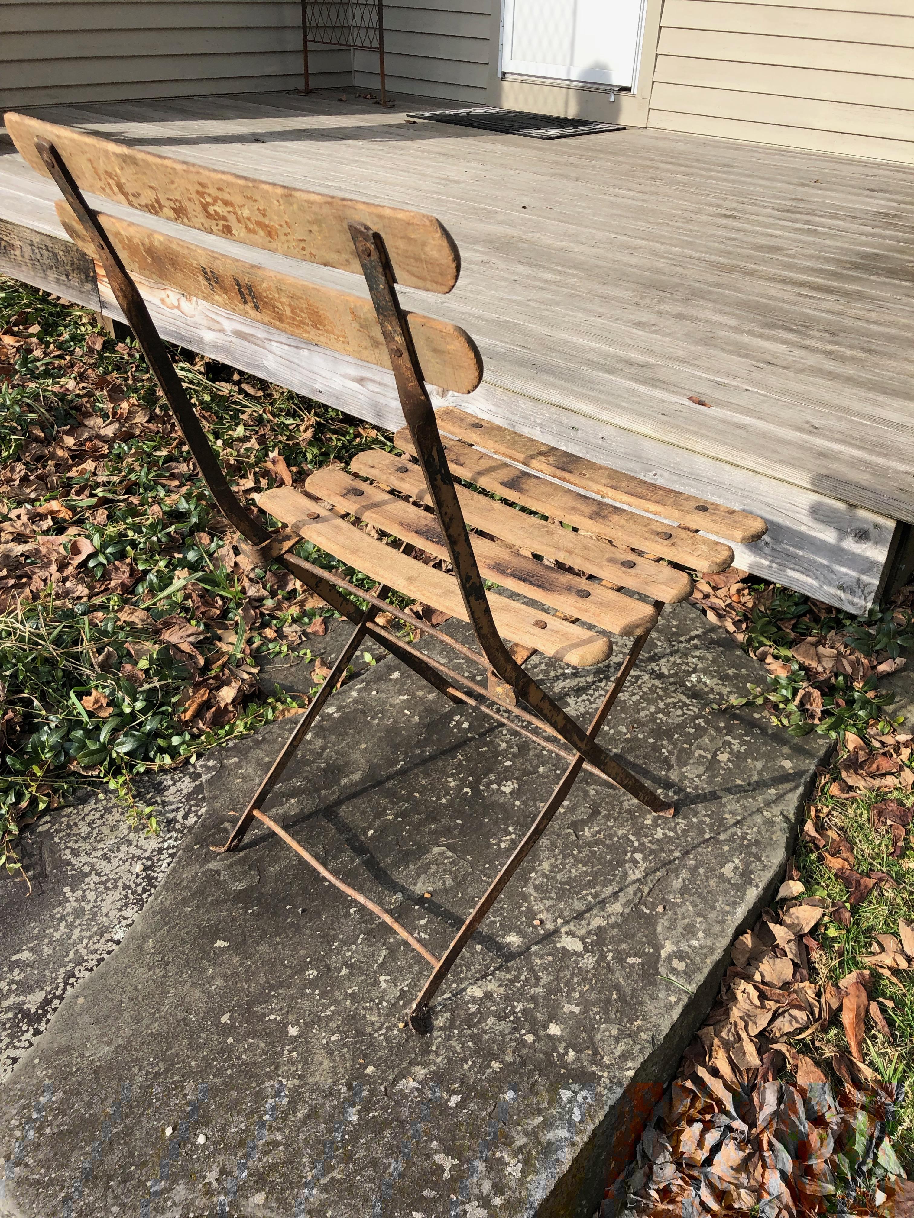 20th Century 55 Folding French Bistro Chairs in Oak and Wrought Iron