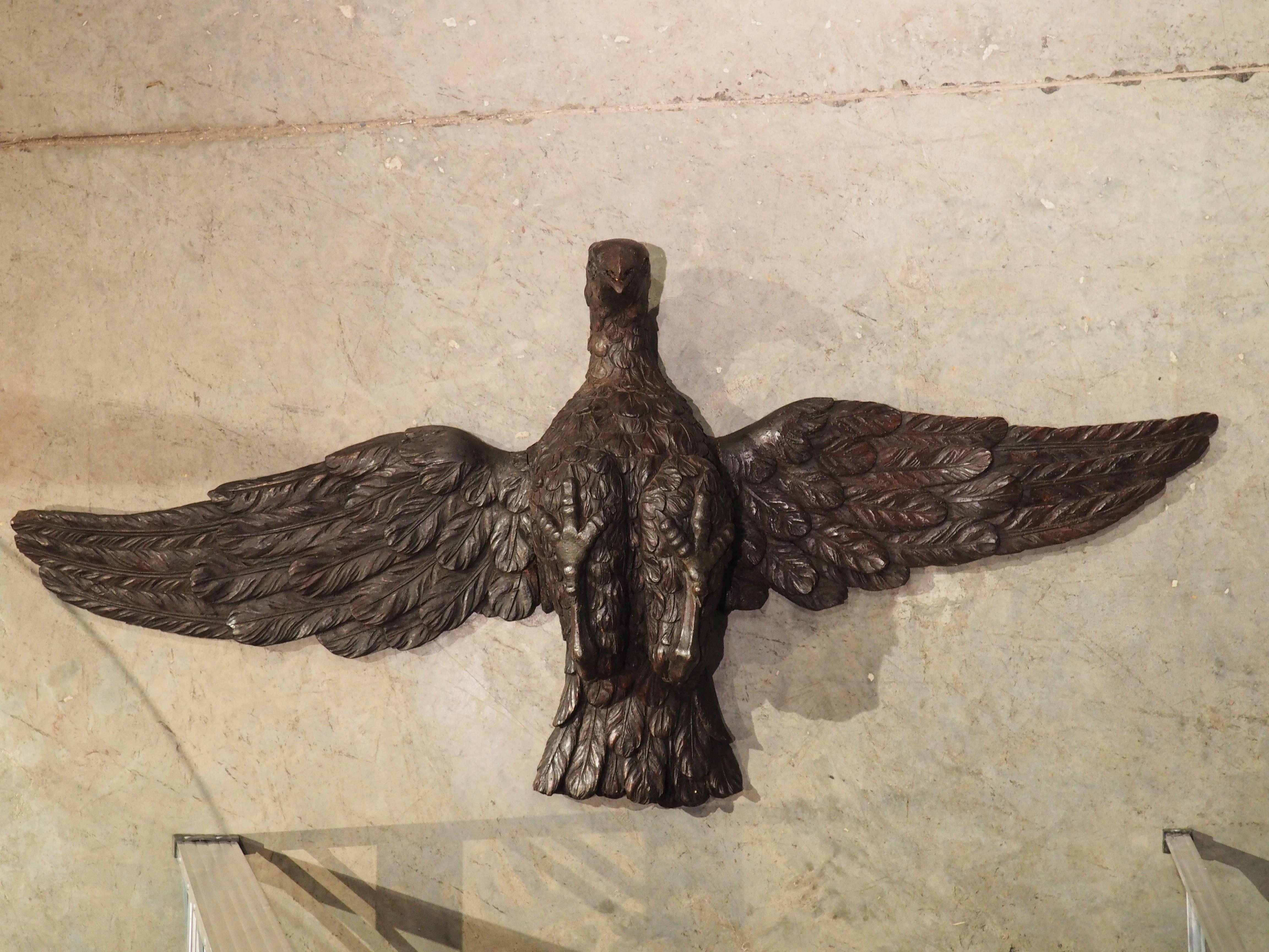With a wingspan of five and a half feet wide, this wooden eagle has a commanding presence. Hand-carved in France, circa 1810, the eagle was crafted by a master-level woodworker. Notice how each feather has been carved with incredible detail, showing