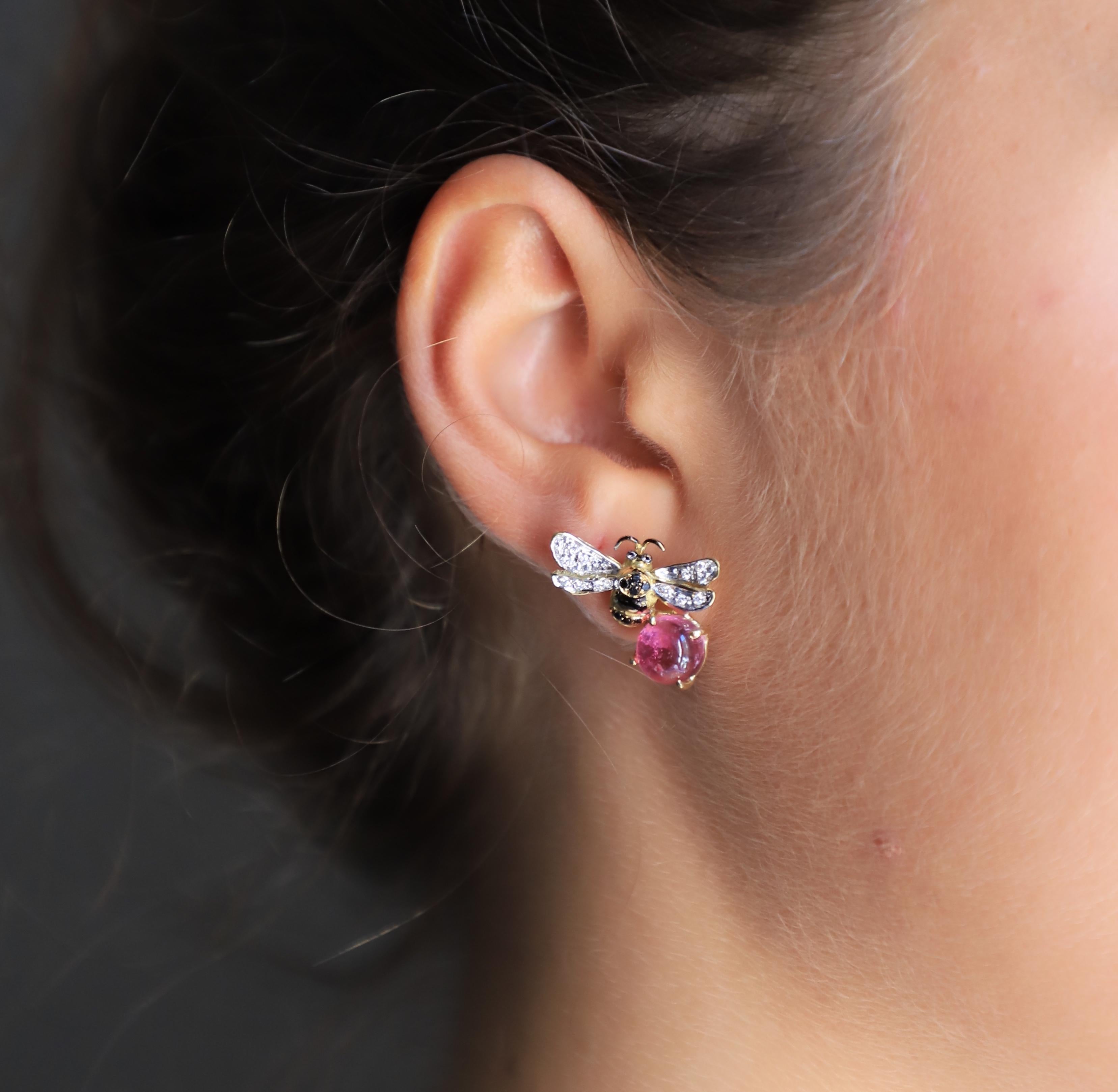 Brilliant Cut Rossella Ugolini 5.5 Karat Pink Tourmaline 18K Gold Diamonds Bees Stud Earrings For Sale