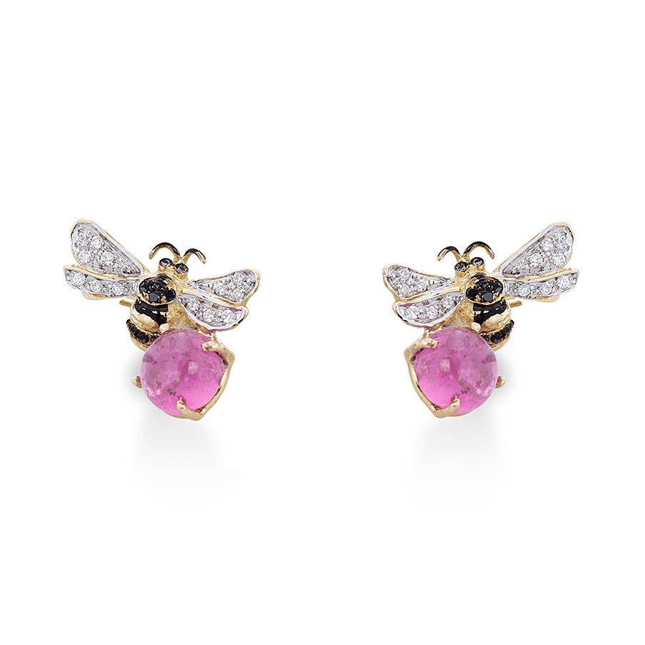 Rossella Ugolini 5.5 Karat Pink Tourmaline 18K Gold Diamonds Bees Stud Earrings For Sale 2