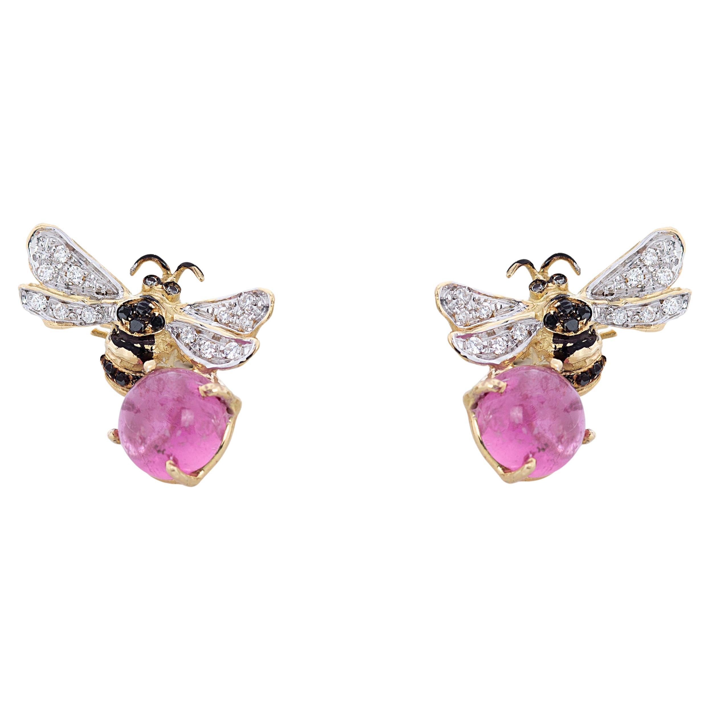 5.5 Karat Pink Tourmaline 18 Karat Gold 0.16 Karat Diamonds Bees Stud Earrings For Sale