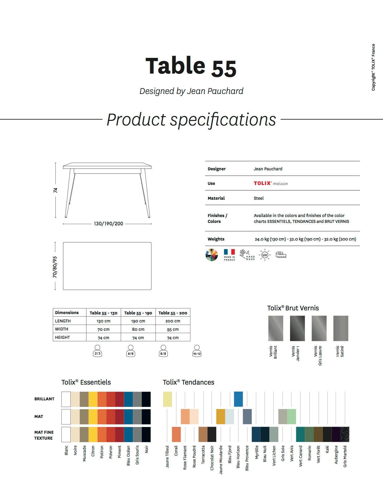 French 55 Large Table Indoor 95x200 in Essential Colors by Jean Pauchard & Tolix For Sale