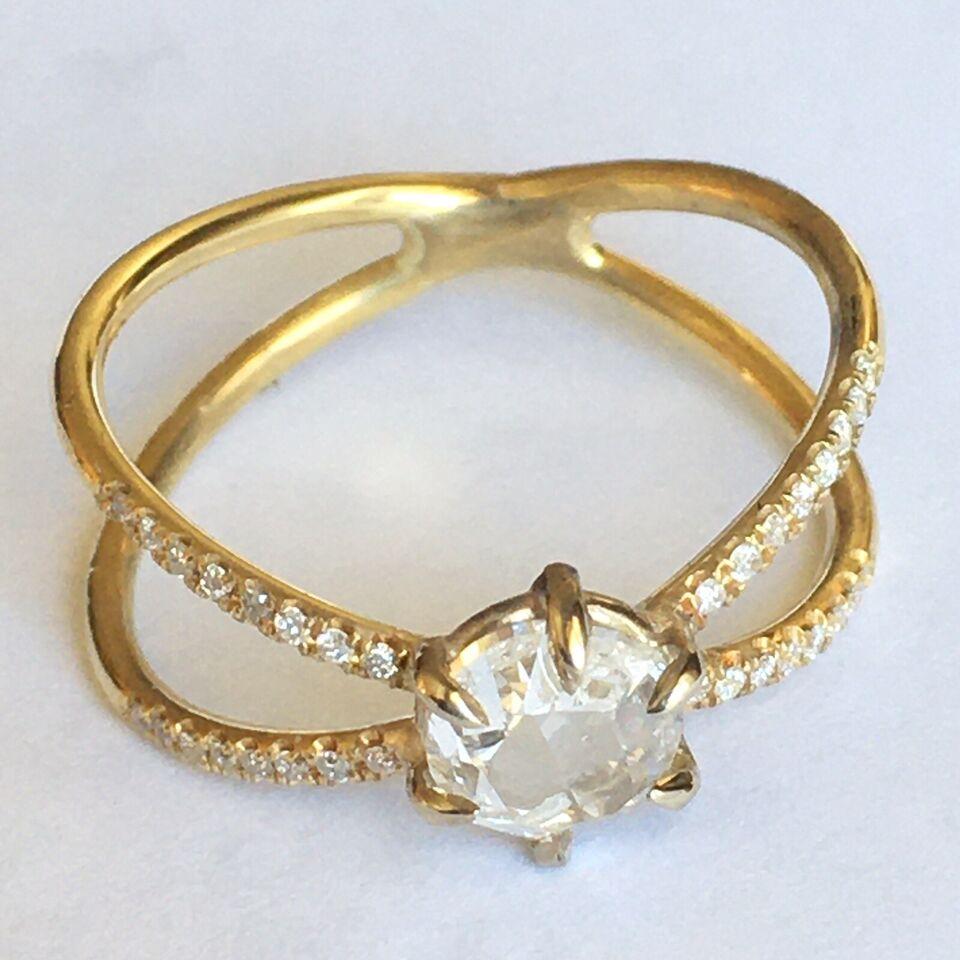 Modern 5.5 mm Rose Cut Diamond Unique Diamond Engagement Handmade 14k Micro Pave' For Sale