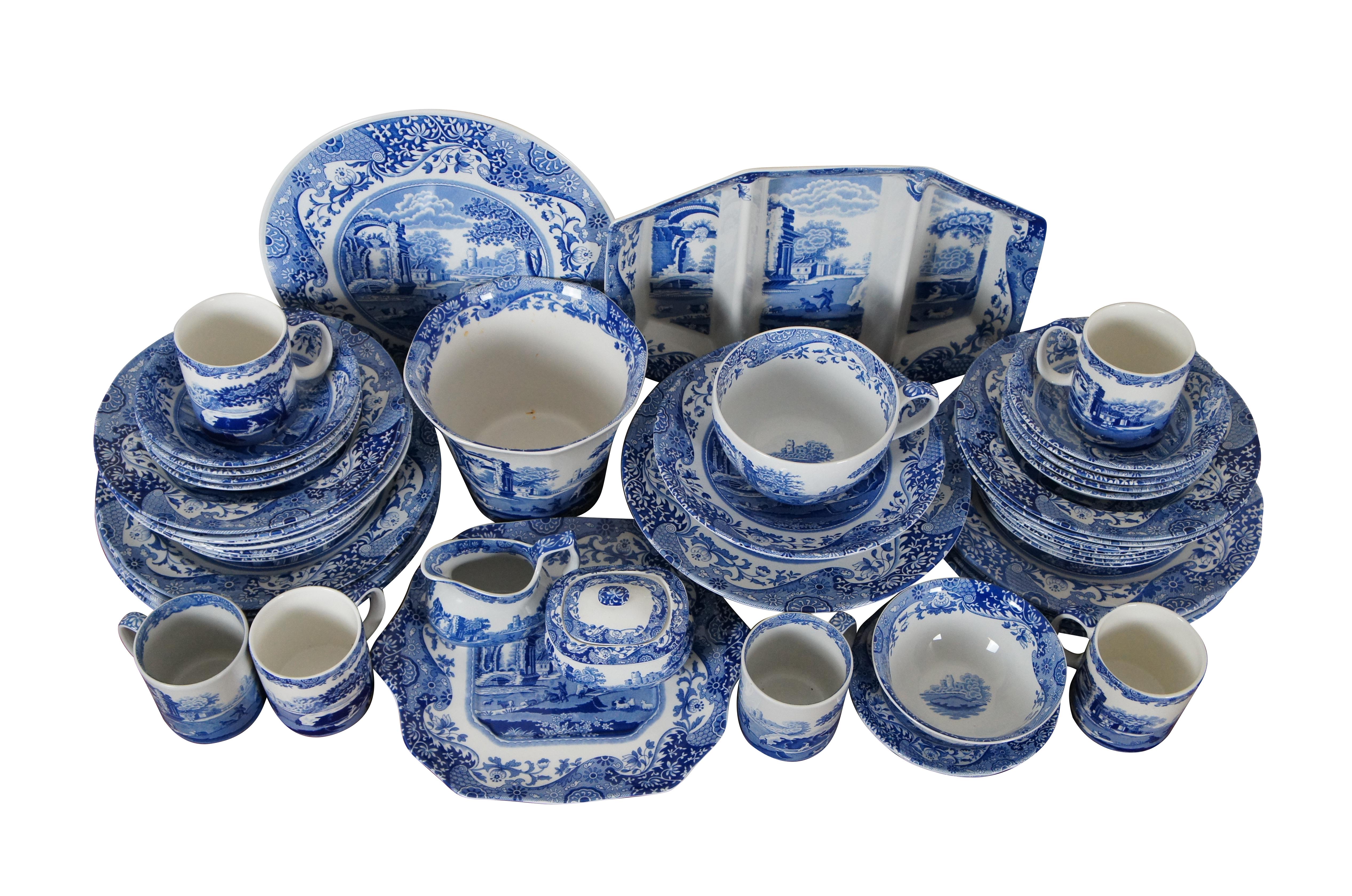 55 piece Spode dinnerware china set in the Blue Italian pattern. “The iconic Blue Italian was launched in 1816 and in production ever since. Featuring a finely detailed 18th century Imari Oriental border encompassing a scene inspired by the Italian