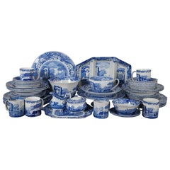 55 Pc English Spode Flow Blue Italian Transferware Dinner Serving Set 1816