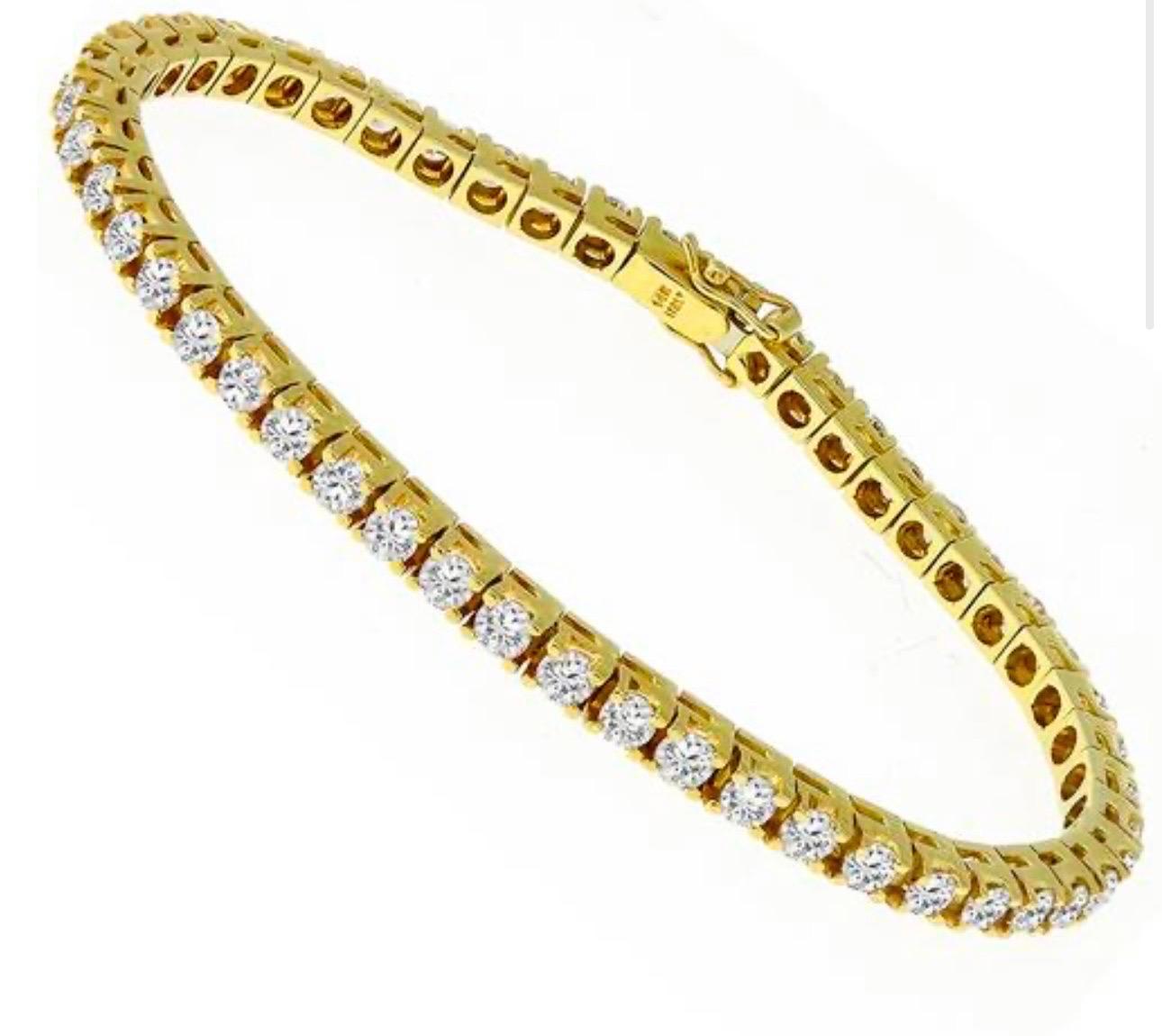 55 Diamants ronds 10-12 Pointer Chaque Bracelet de tennis en or jaune 14 K 6.0 Ct Excellent état - En vente à New York, NY