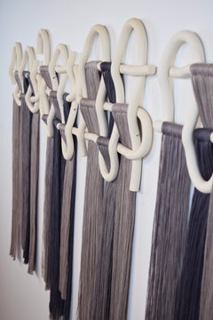 55" x 34" Ceramic & Fiber Wall Sculpture #758 in White Clay w/ Charcoal Fringe